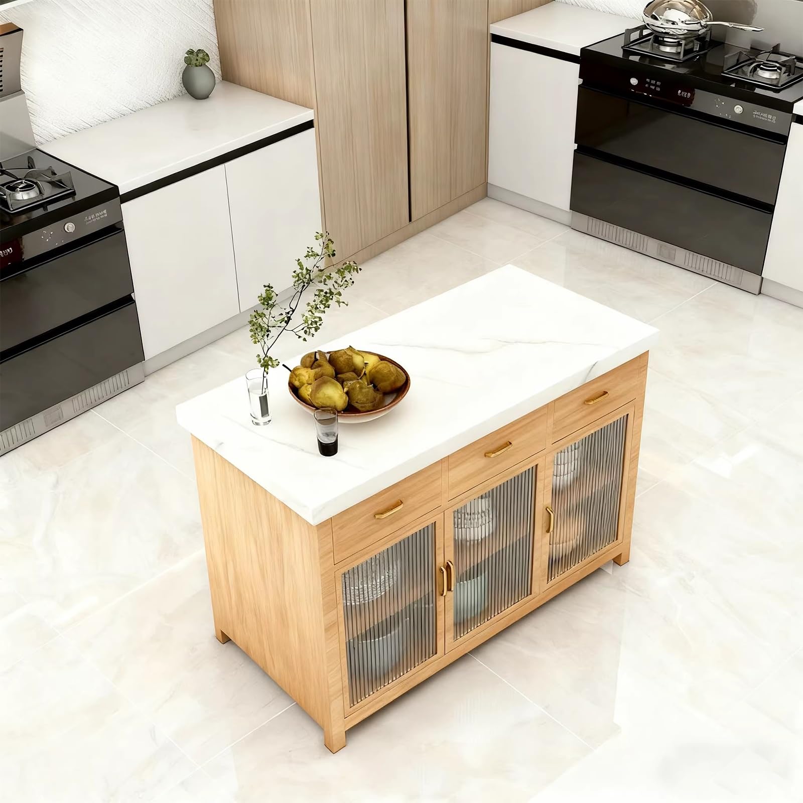 Zf9tBw5sH Unità cucina ad isola Isola cucina con piano in pietra e ante in vetro scanalato. Mobile portaoggetti in legno cassetti