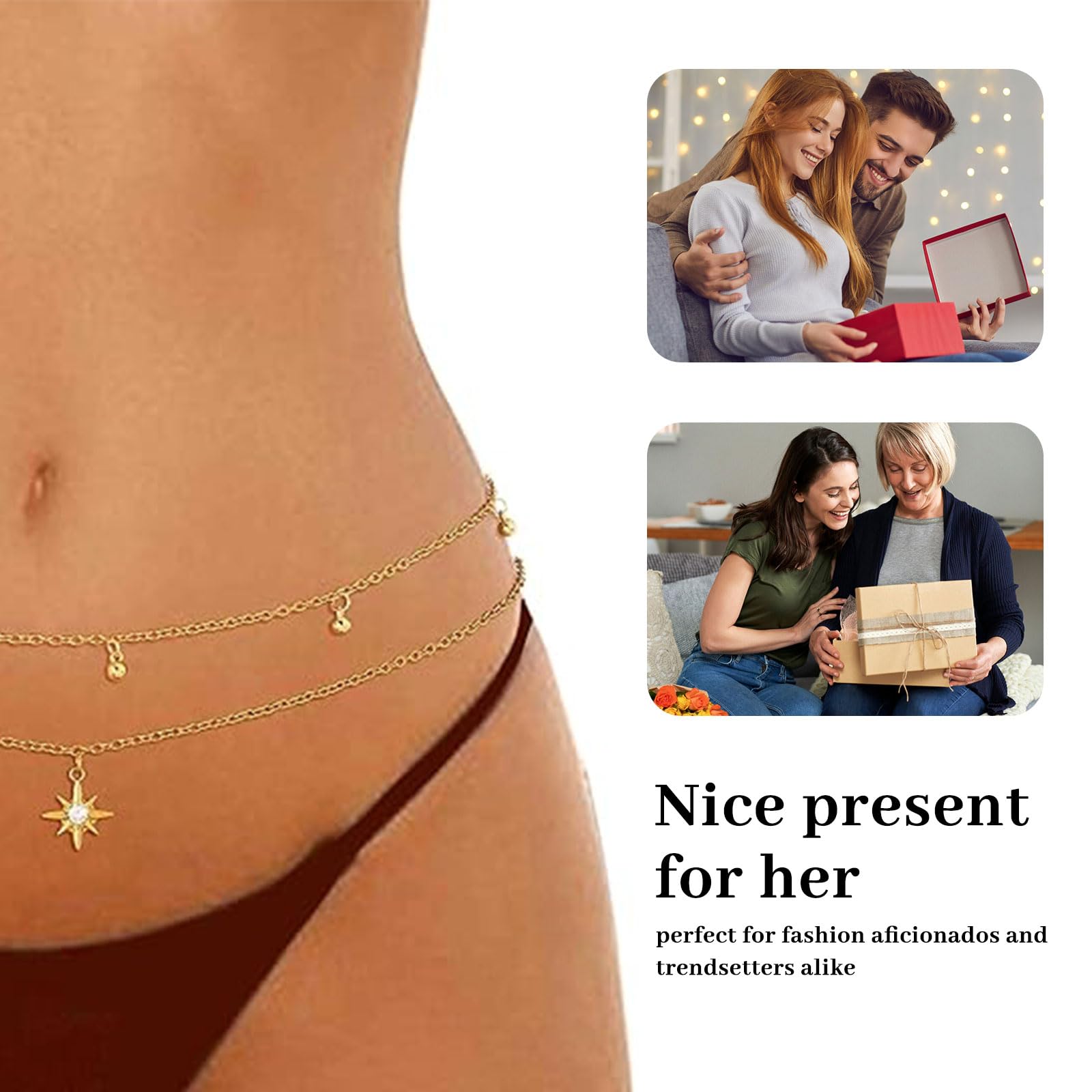 BelleVive Cadena de cintura de perlas de doble capa chapada en oro de 18 quilates Cadena de cuerpo estilo bikini para mujeres Accesorio de joyería de playa ajustable