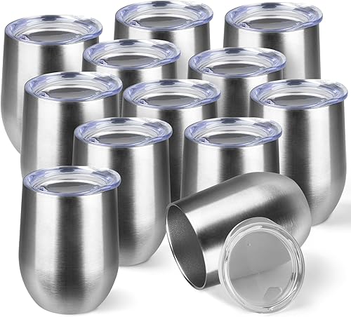 Miniatura 1 de Paquete de 12 vasos de vino de acero inoxidable con tapa. Vaso de vino aislado de doble pared sin tallo de 12 onzas. La copa de vino es adecuada