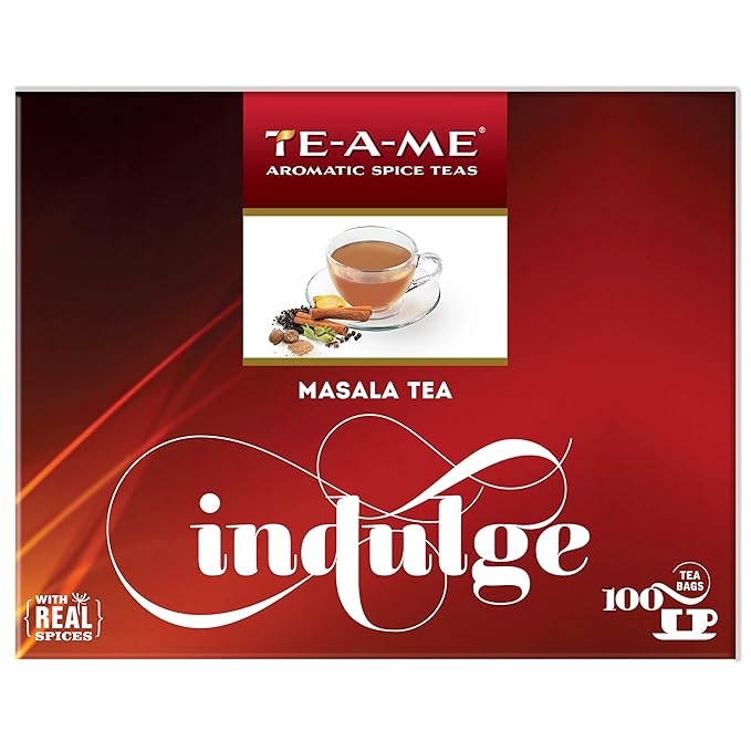 TE-A-ME Indulge Masala (Spice) Black Tea, 100 Tea Bags | 100% Natural Real Spices – Ginger(Adrak), Cinnamon, Black Pepper, Clove, Nutmeg | Strong and Flavourful Masala Chai at Rs. 399