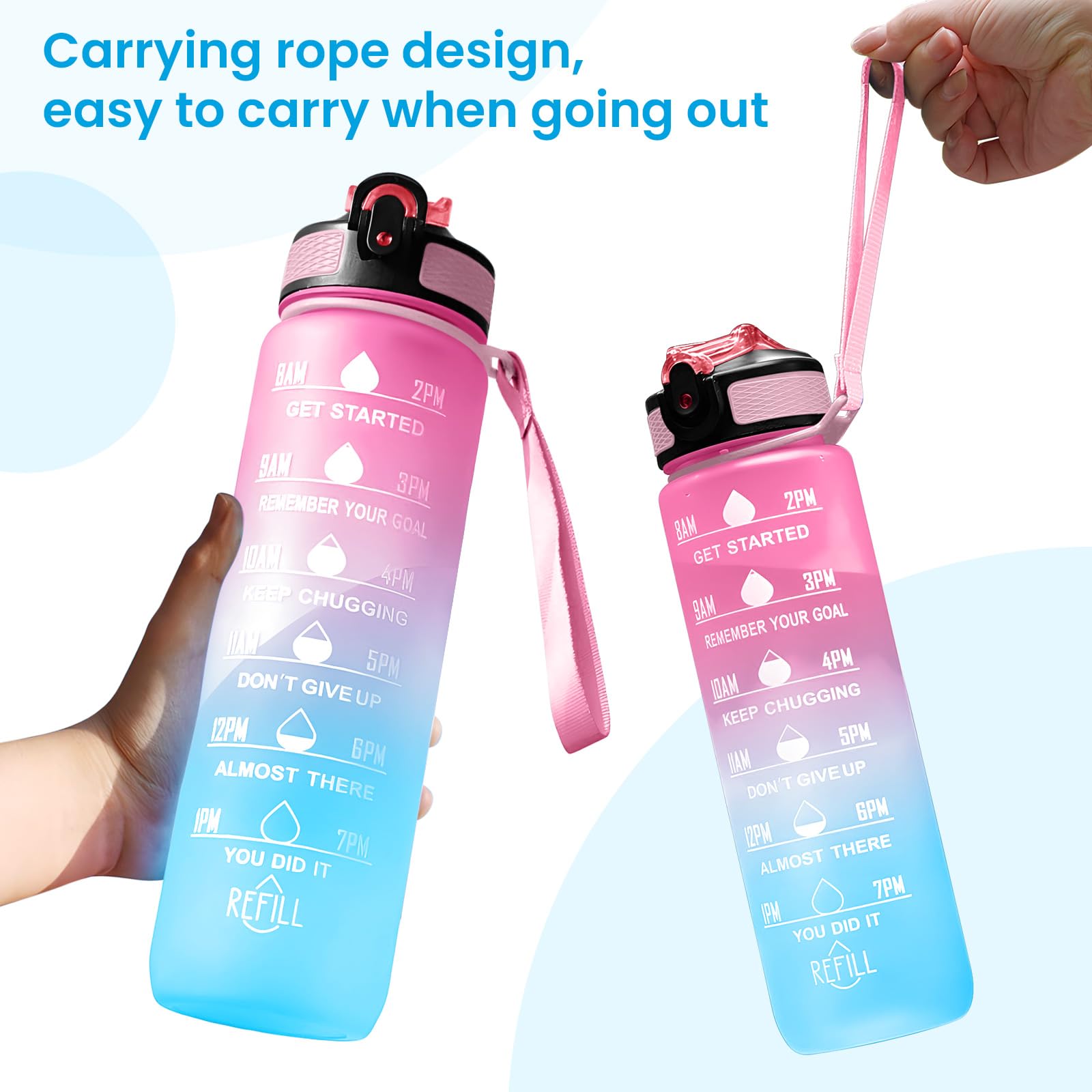 32oz Motivational Water Bottle With Time Marker & Straw - Leakproof Tritan BPA-Free, Sports Jug With Strap