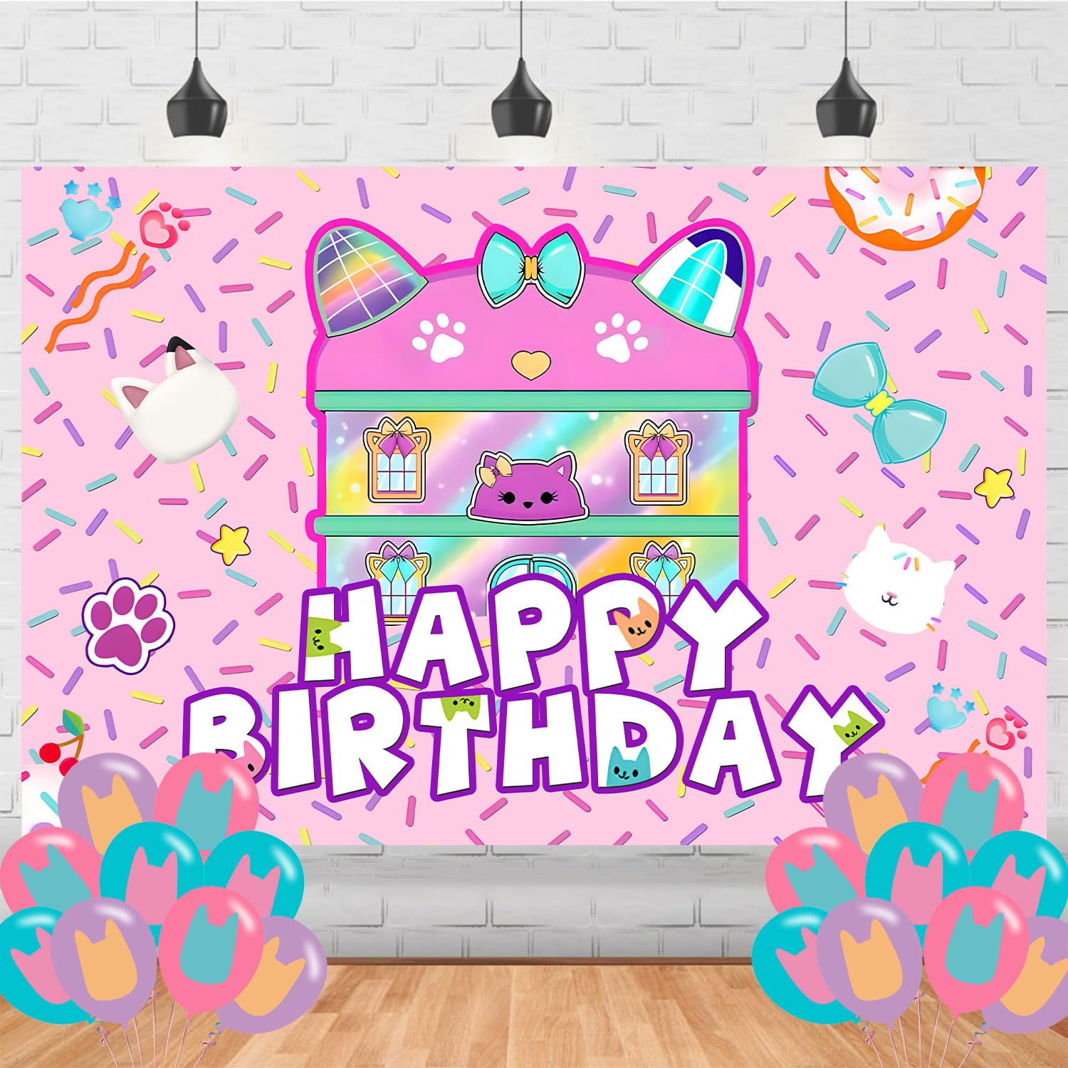 Cartoon Doll House Happy Birthday Backdrop Cartoon Dollhouse Banner Poster for Doll Theme Party Decorations Birthday Supplies Background Studio Shoot Photo Props Booth