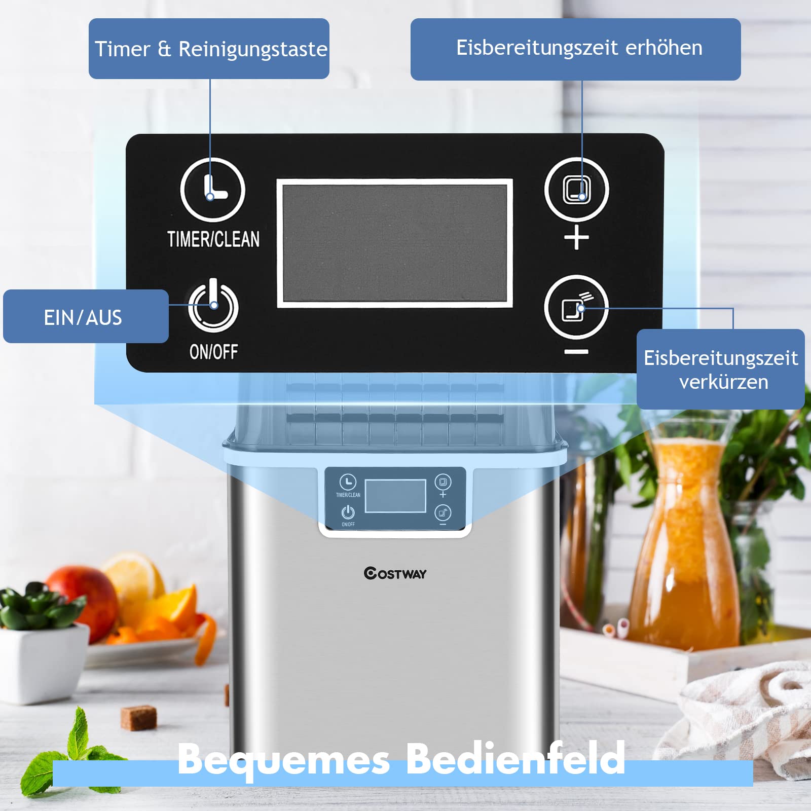 COSTWAY 3,2L Eiswürfelmaschine Ice Maker, Eismaschine Eiswürfelbereiter inkl. Schaufel Timer / 24 Eiswürfel in 15min / 18kg 24H / LCD Anzeige
