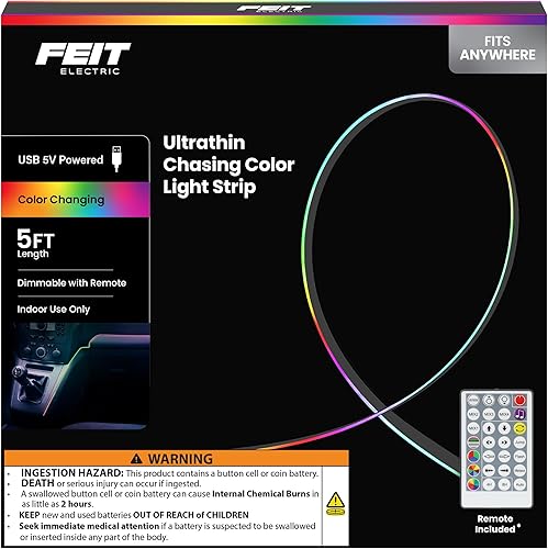 Miniatura 1 de Feit Electric Tira de luz LED para interiores de 5 pies, regulable, 0.1 pulgadas de ancho, persecución multicolor, alimentada por USB, patrones de