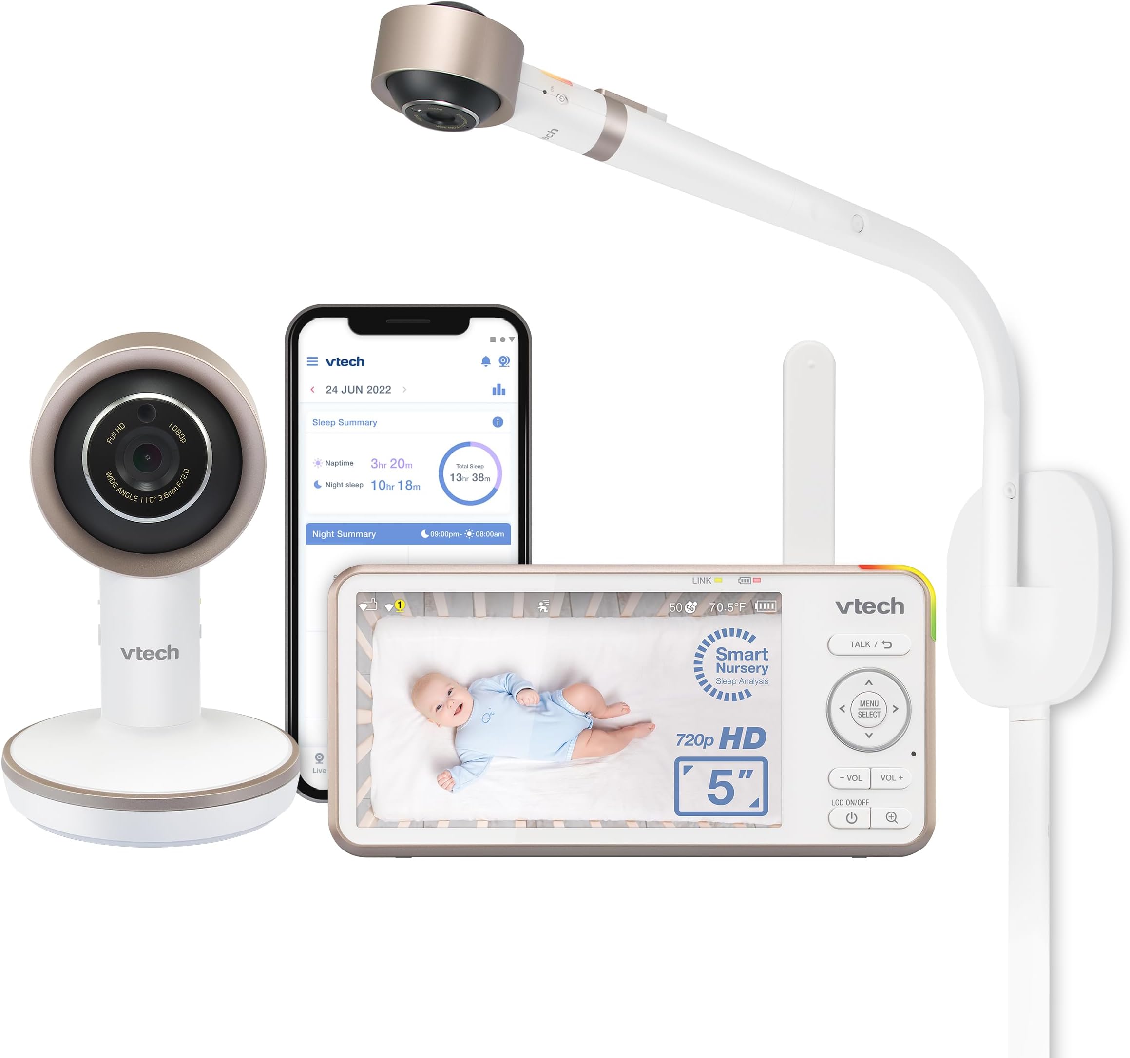 V-Care VC2105 1080p FHD Over-The Crib Mount Smart Baby Monitor 5” 720p LCD Screen,Table Stand,Remote Access,Versatile Placement,Intelligence Detection, Sleep Analysis,18hrs Recording,with WiFi