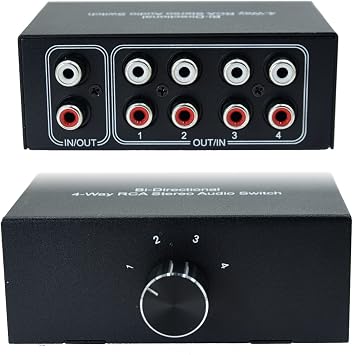 No External Power No Noise 4 Way 1 in 4 Out or 4 in 1 Out Audio Sound selector RCA Female Stereo 4 Channel Splitter switcher Box Switching