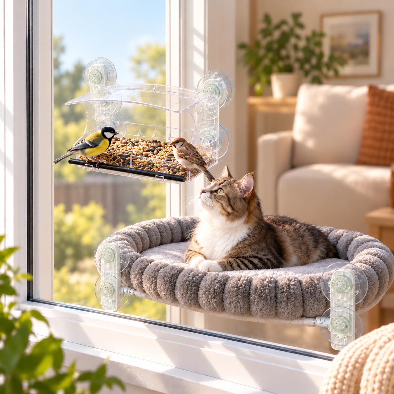 Cat Window Perch with Bird Feeder, 50 lb Suction Cup Window Cat Bed, L Size