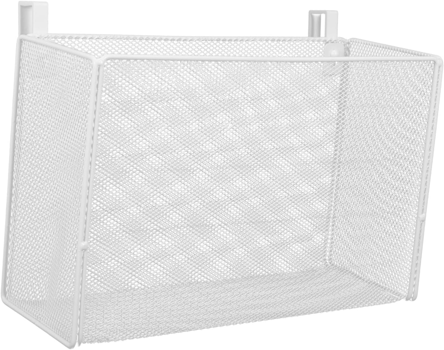 Metal Hanging Storage Basket Rack with 2.1cm Wide Hooks, White Rectangular Bedside Caddy Shelf for Dormitory Bunk Bed, College Bedroom Organizer for Phone, Headphones, and Snacks