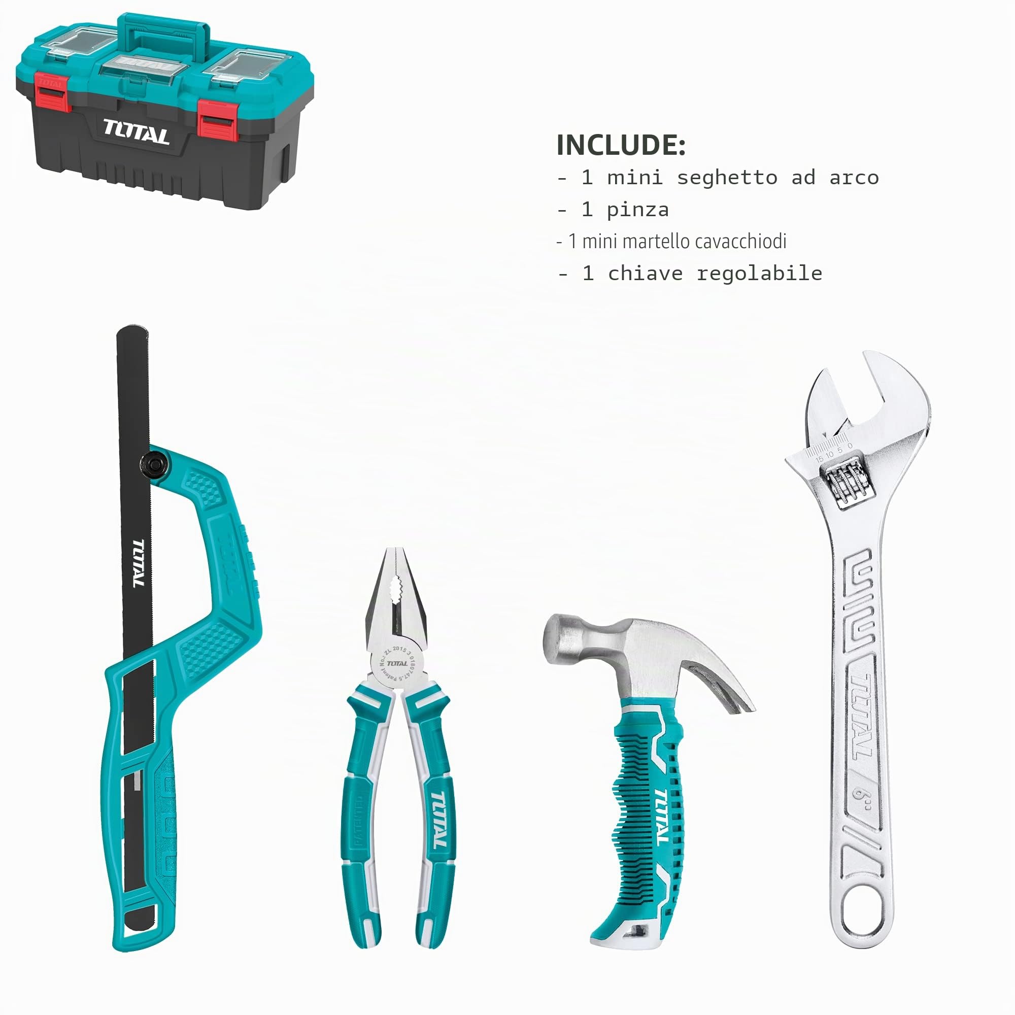 TOTAL - Cassetta degli attrezzi completa 32 pezzi | Pinza, chiave inglese, cacciavite e martello con estrattore per chiodi | Flessometro, punte e arco | Tester di tensione | Valigetta 17" (43 cm)