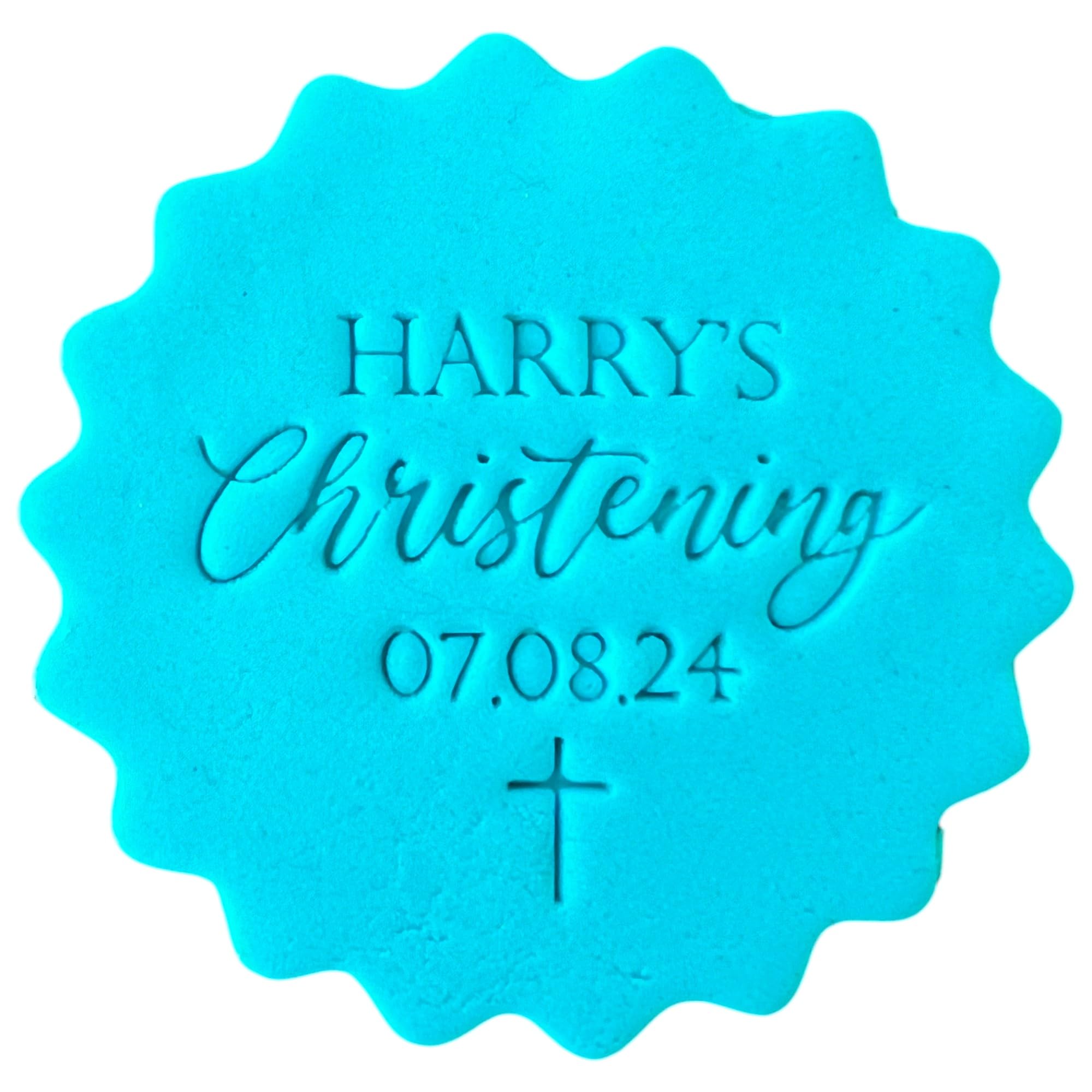 Personalised Cookie Stamp with Free Scallop Cutter, Christening Baptism Confirmation, 5cm Acrylic Biscuit Embosser, Food-Safe Plastic Baking Tool, Fits M&S All Butter Biscuits (Design 4)