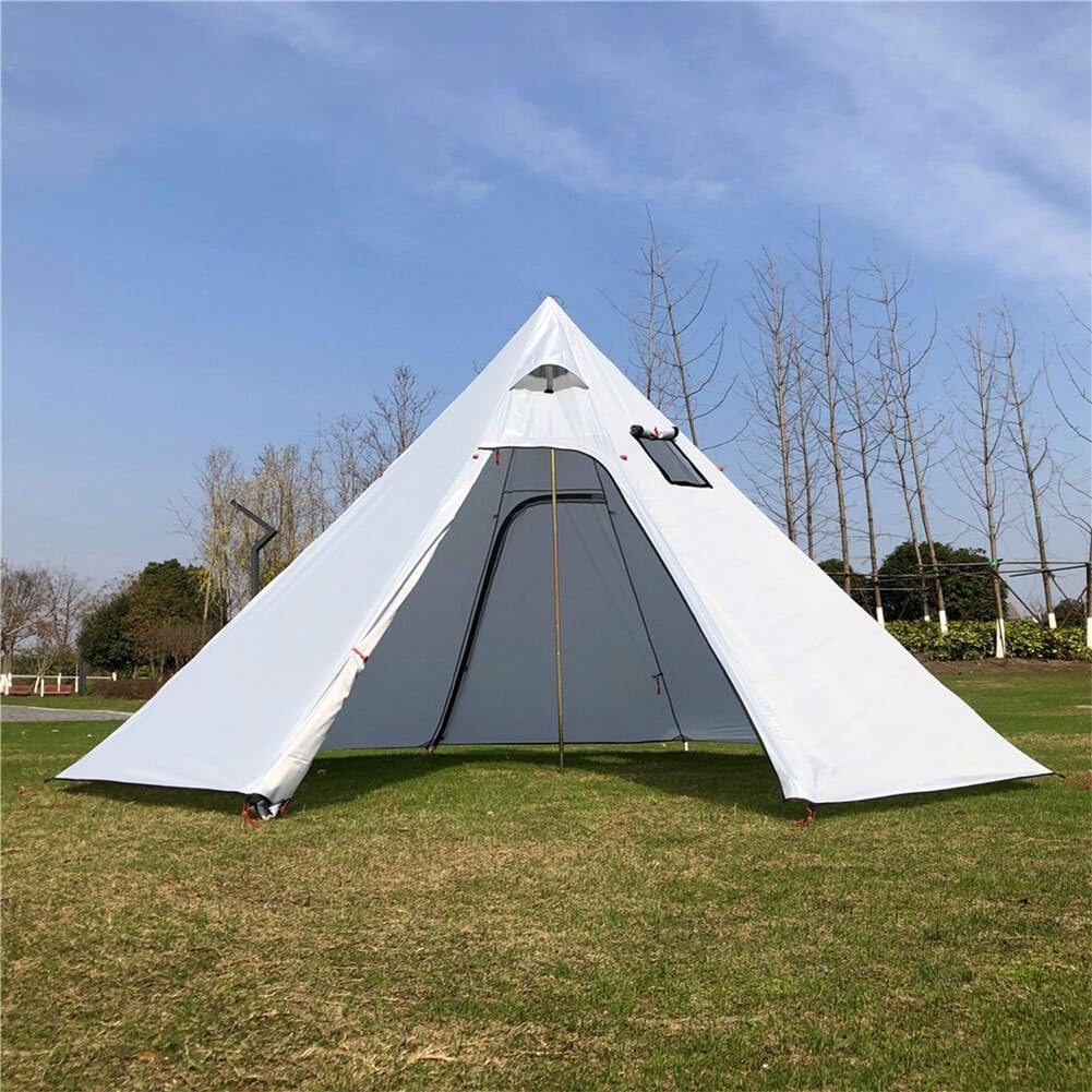 Tingxue - Tienda de campaña piramidal para 4 personas con salida de humo, resistente al fuego con estufa de leña, tienda de campaña ligera con cúpula de tejido 210T y varillas de aluminio para camping