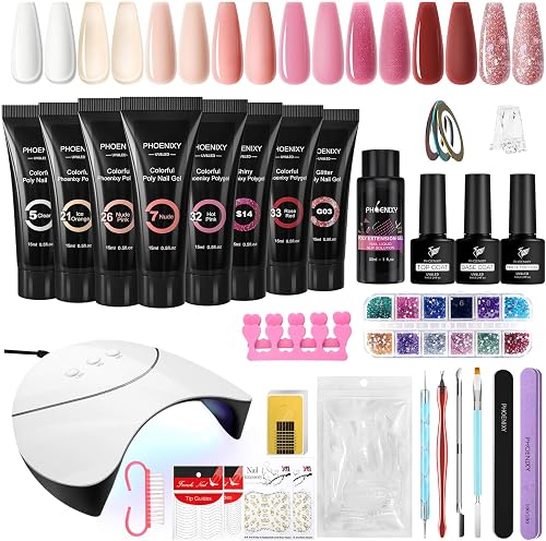 Phoenixy Poly Nail Gel Extensions Kit, 8 Colours Poly Builder Gel Nail Kit with 36W U V/LED Lamp Extension Gift Set for Nail Art Lovers - 1