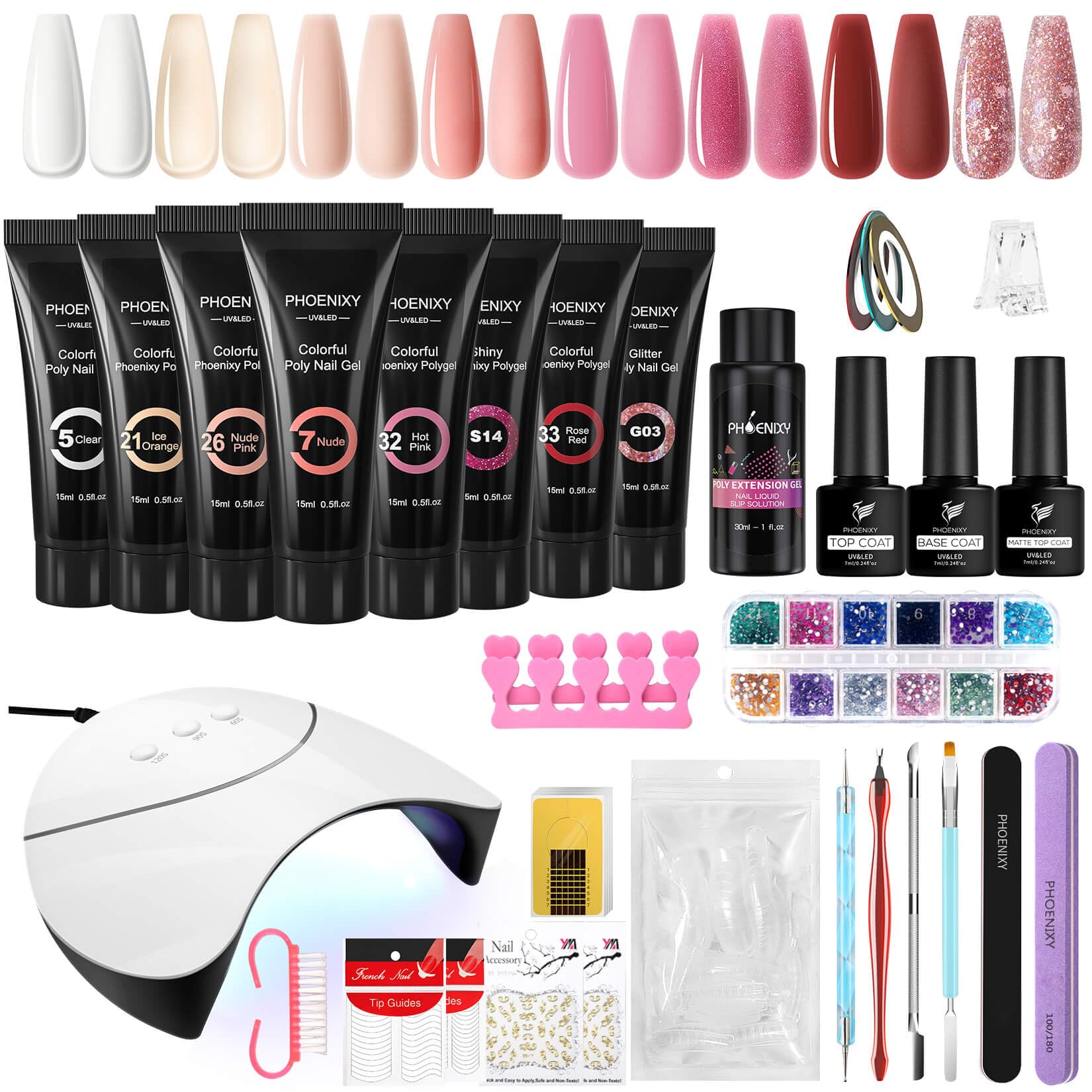 Phoenixy Kit Ongle Gel UV Complet avec 36W Lampe, 8 Couleurs Poly Ongle Gel 15ML, Set de Manucure pour Débutant Gel Construction Ongle U V Kit Nude Rose Marron
