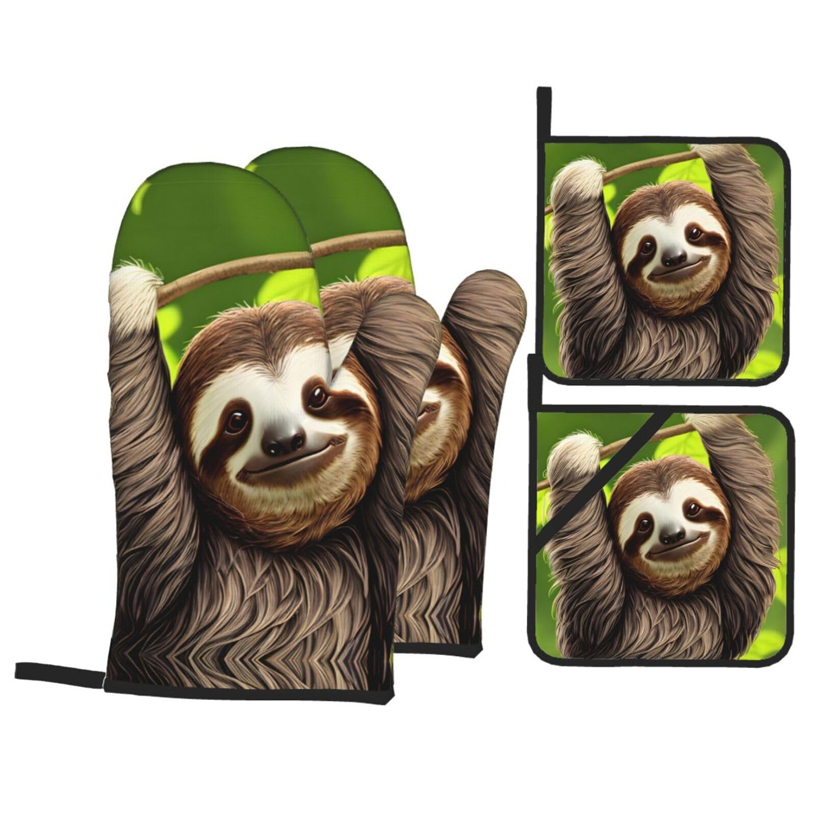 YYHHAOFA Cute Sloth Prints Kitchen Baking Set with Heat Resistant Pot Holders & Oven Mitts - Waterproof Layers for Cooking, Grilling & Serving, Includes Pocket Layer