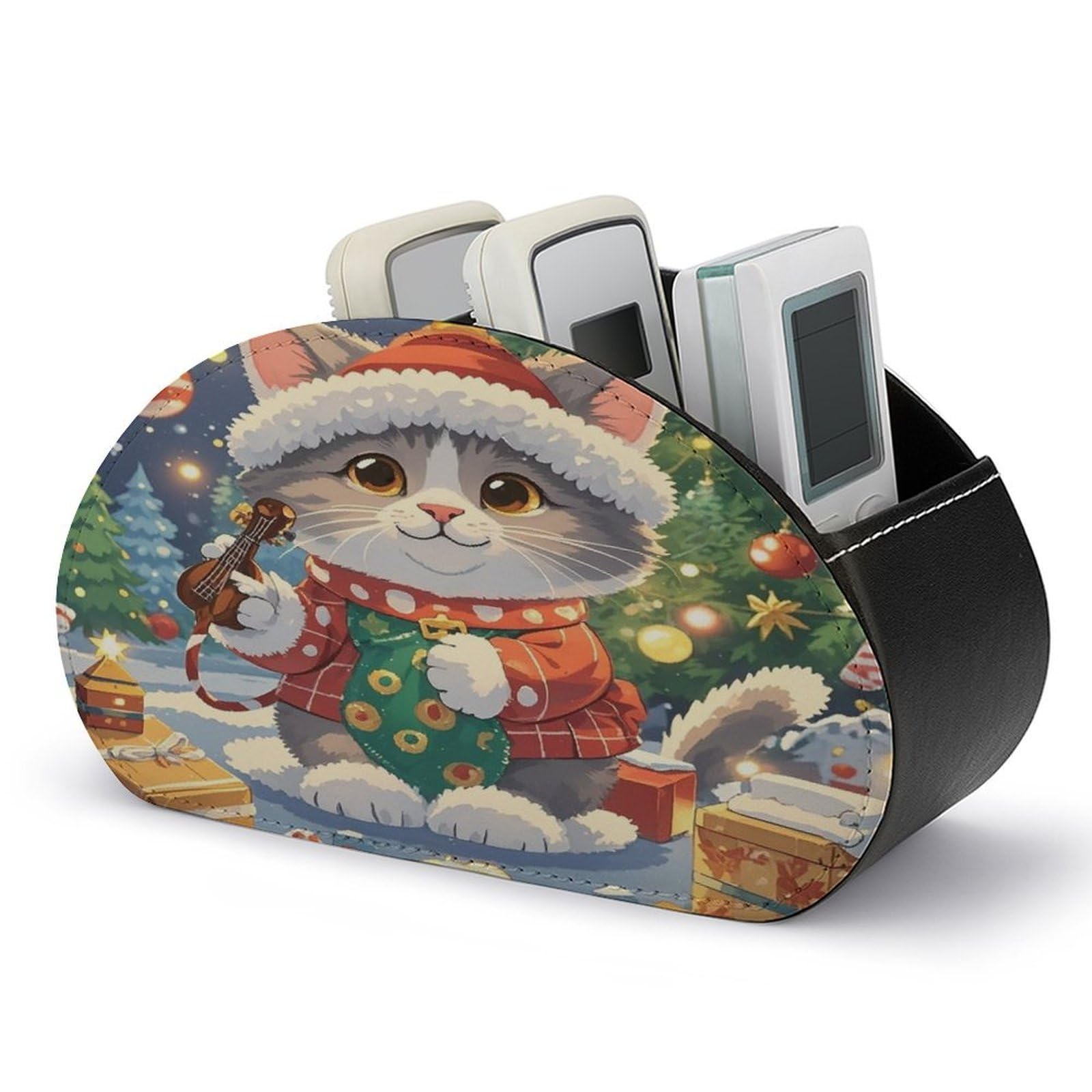 LZQPOEAS Cute Cat Sing Christmas Carols Remote Control Holder with 5 Compartments PU Leather Remote Organizer Box Caddy for Table Nightstand Remote Caddy Desktop Organizer Fits Media Controllers