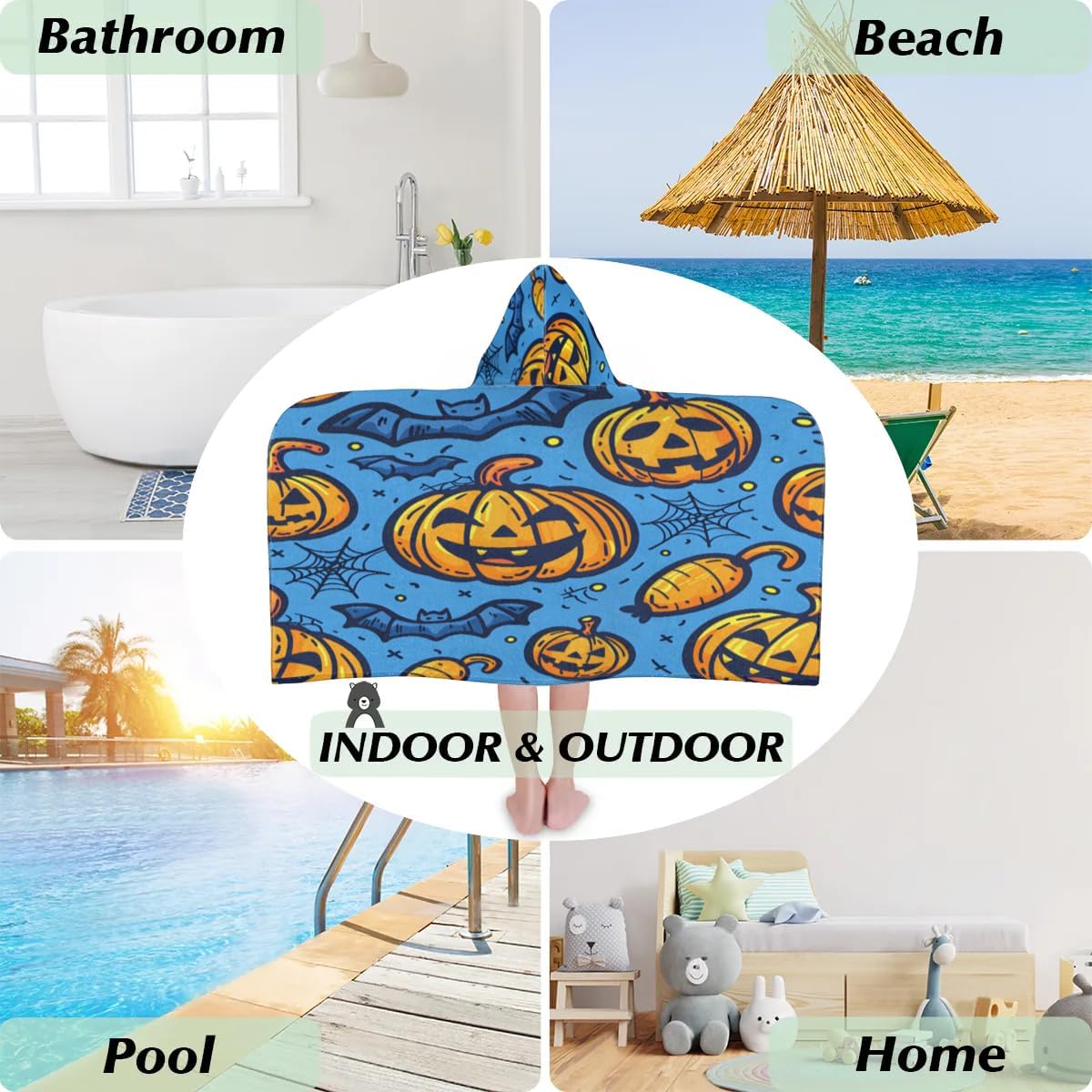 Funny Pumpkin Bat Kids Bath Towel Beach Towel with Hood Pool Cover Up for Girls Boys Soft Absorbent Hooded Bath Towel Toddler Towels for Beach, Pool
