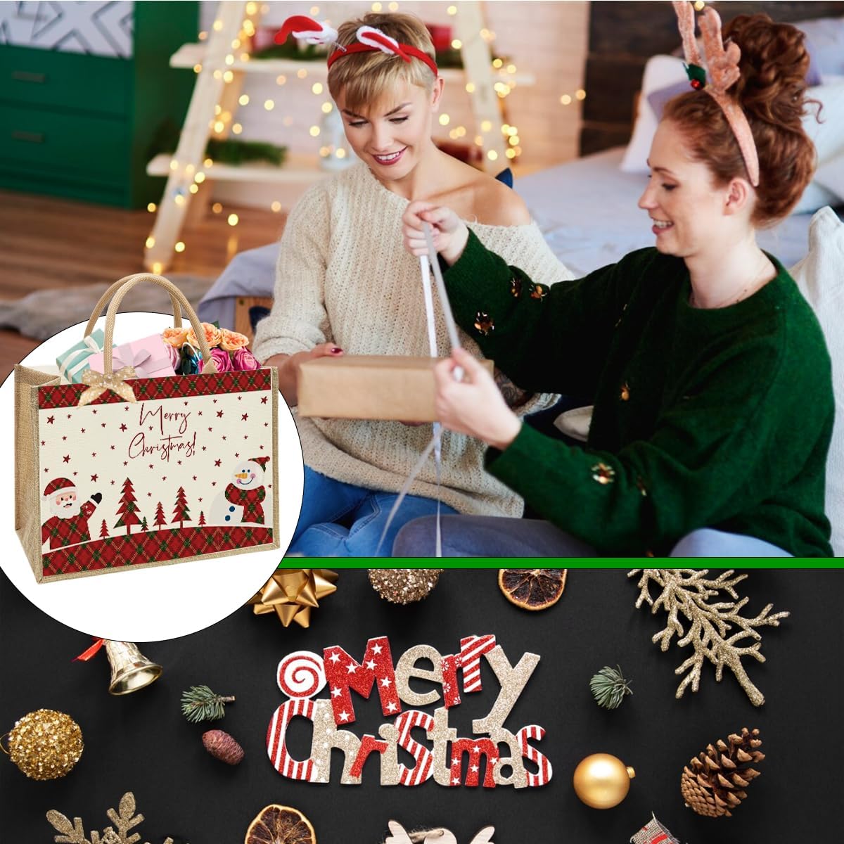 Large Recyclable Christmas Gift Bag - 16" Jute-Canvas Tote for Holiday, Birthday Gifting & Party Favors Storage, 16.5x12.2x7.9 Inches - Image 2