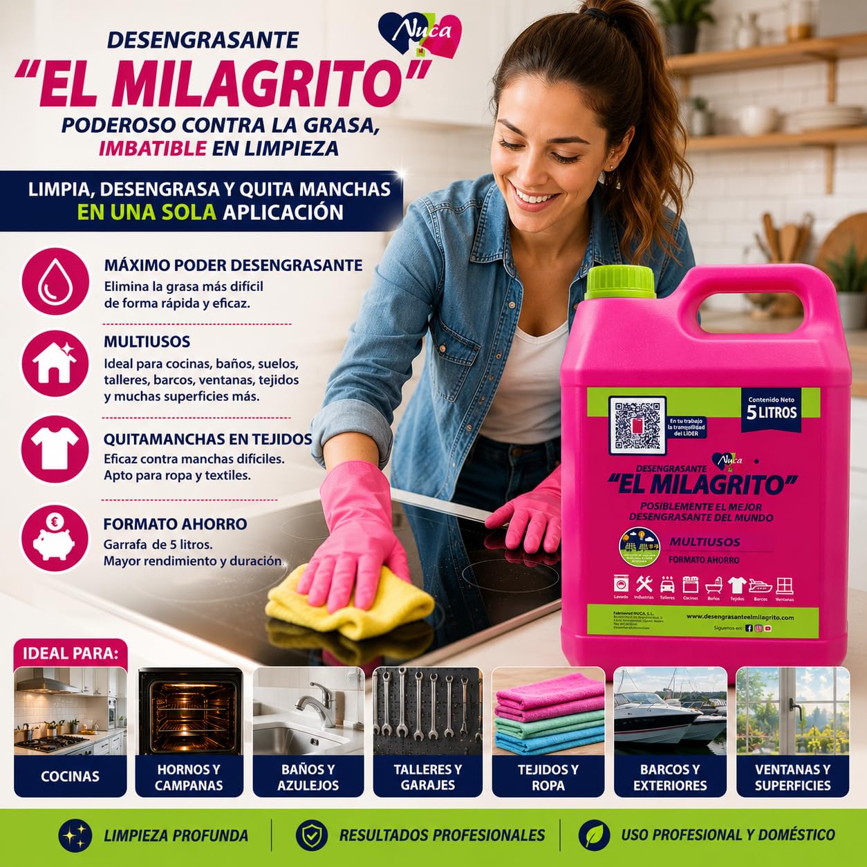 RASMACOR | El Milagrito Desengrasante 5 L | Pack 3 Unidades | Quitamanchas y Limpiador Multiusos | Para Cocina, Baño, Ropa y Taller