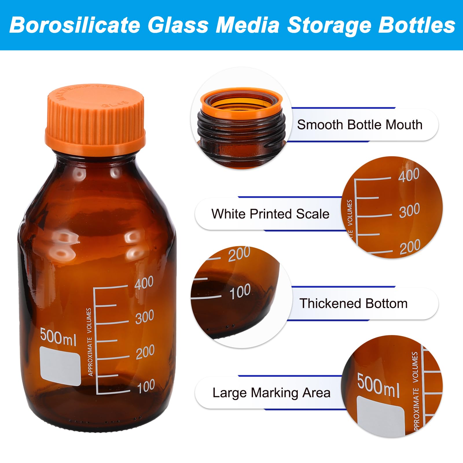 PATIKIL Bottiglie di Conservazione Media rotondo, 500ml Bottiglie rotondo in Vetro Spesso Graduato con Tappo Arancione GL45 per Liquidi di Reagenti d'Acqua da Laboratorio, Marrone