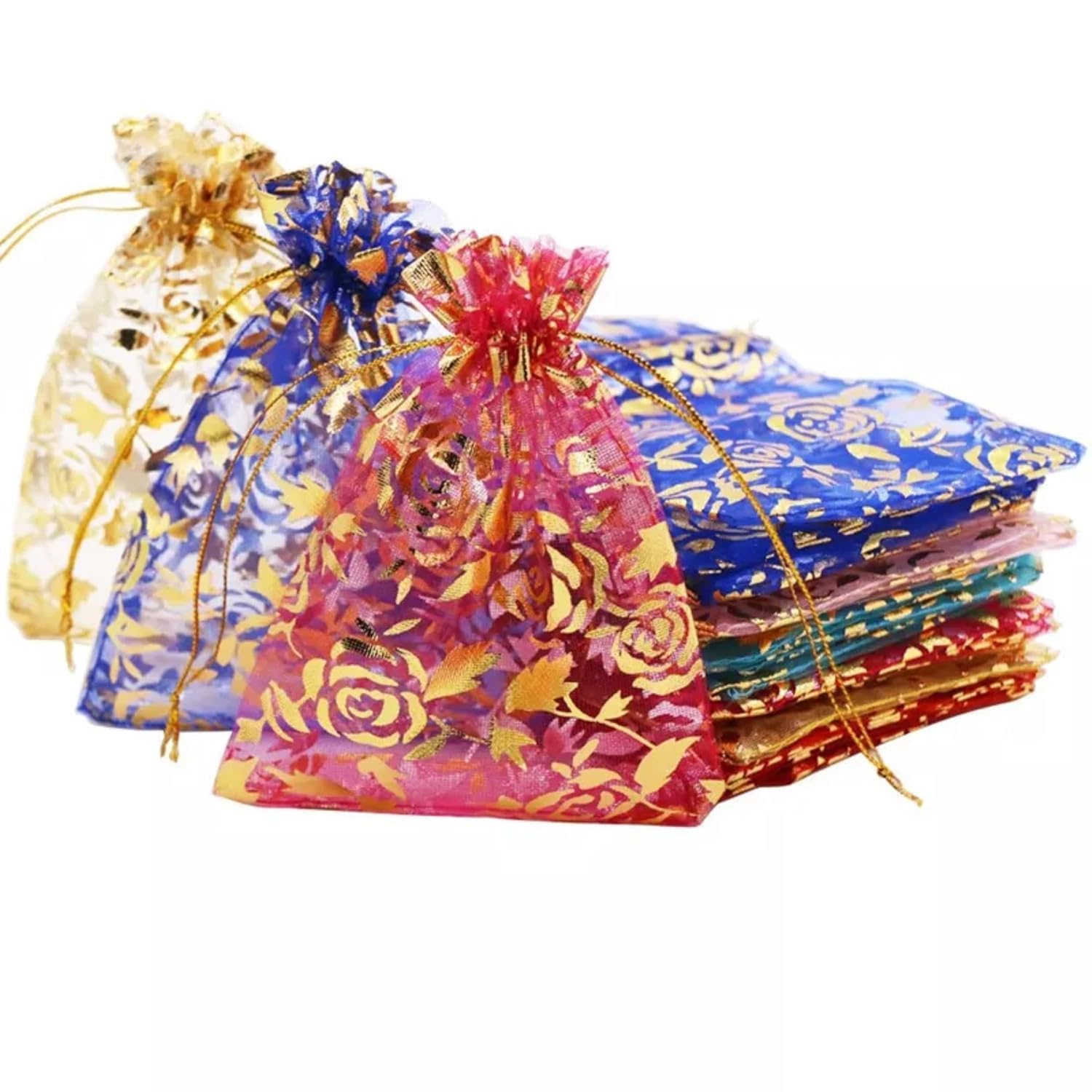 artistic india 100 pcs multicolor potli bags for gifting | organza flower print drawstring gift pouches for return gifts, diwali, wedding,sweets, candy & dry fruits favors, reusable (pack of 100)