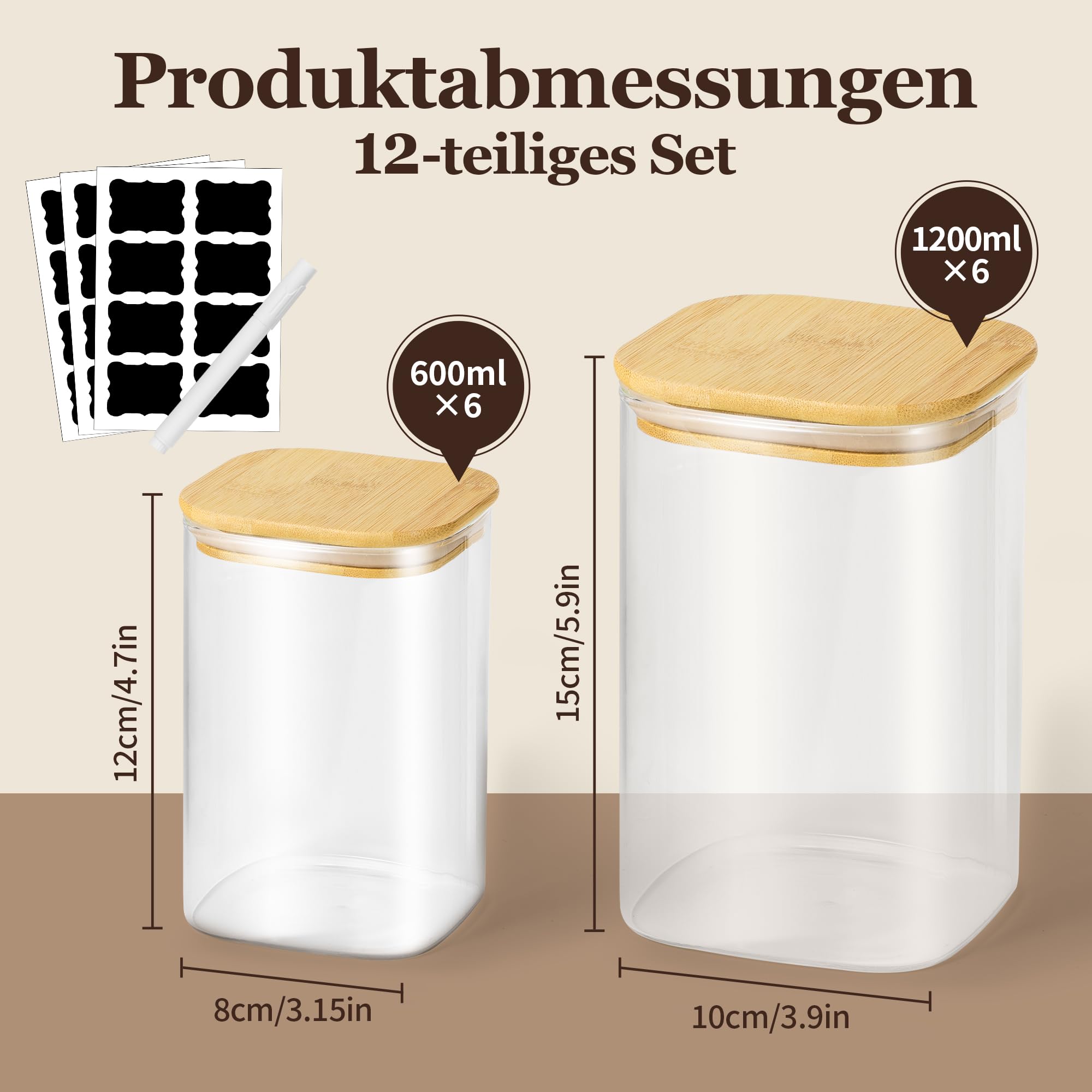Vorratsgläser mit Deckel 12er Set 6x 600ml + 6x 1200ml