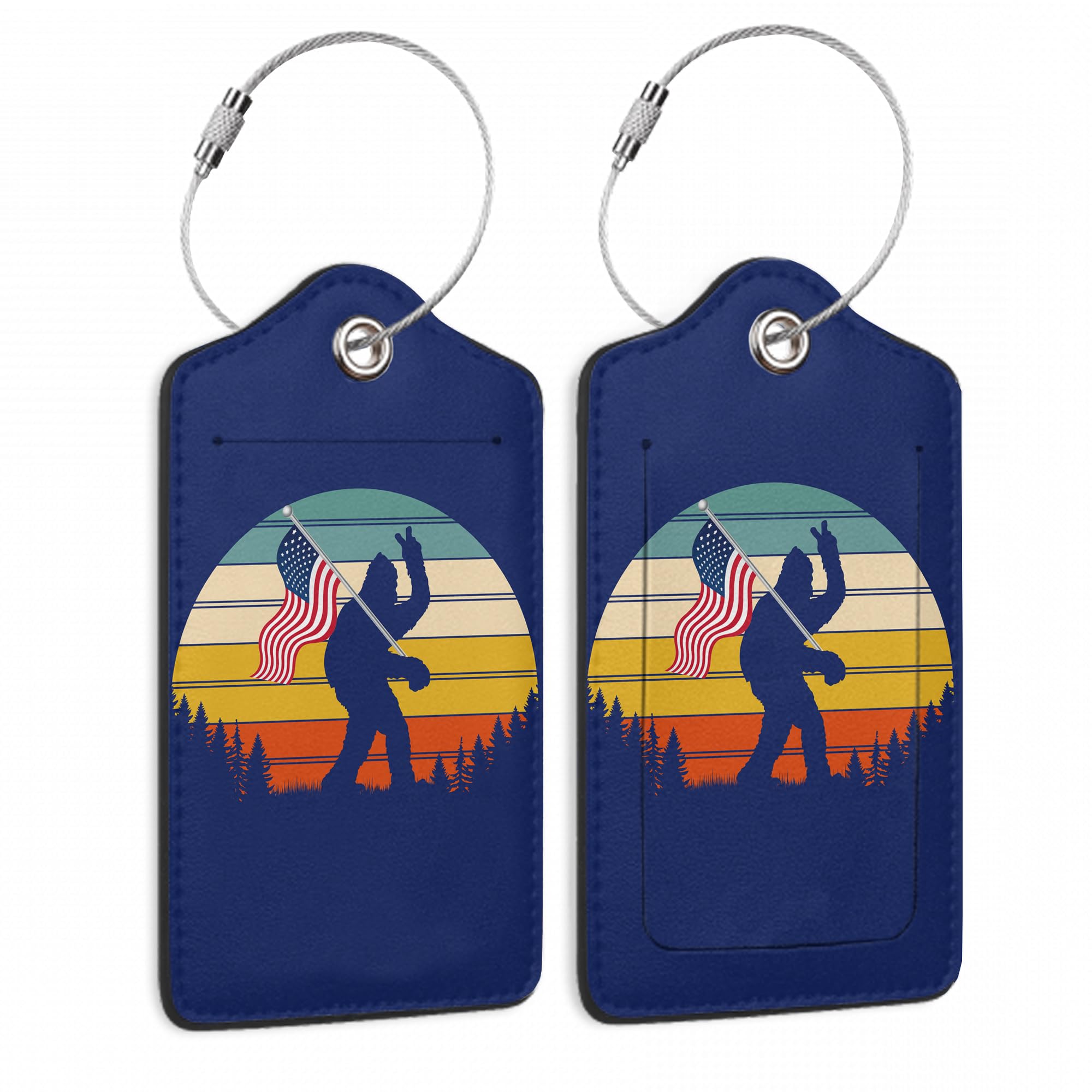 Set of 2 Luggage Tags for Suitcases, Vintage Bigfoot America Flag Leather Suitcase Tag Name Identifiers Labels for Travel Bag Baggage Backpack