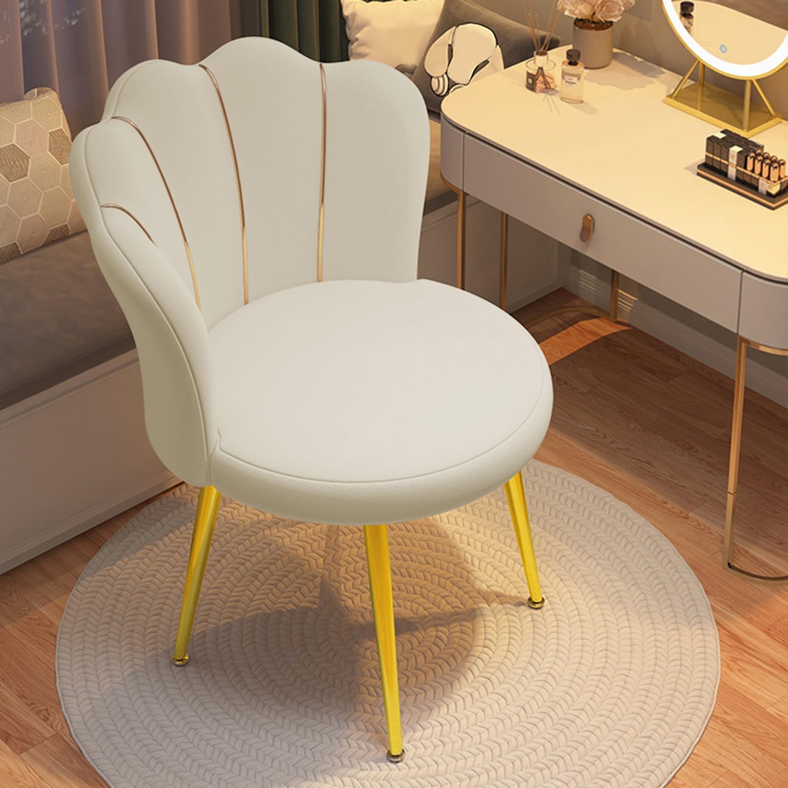 Silla de maquillaje, respaldo con patas de metal dorado, moderna silla de tocador para salón de belleza, dormitorio, oficina, comedor, cómoda y fácil de montar para sentarse durante mucho