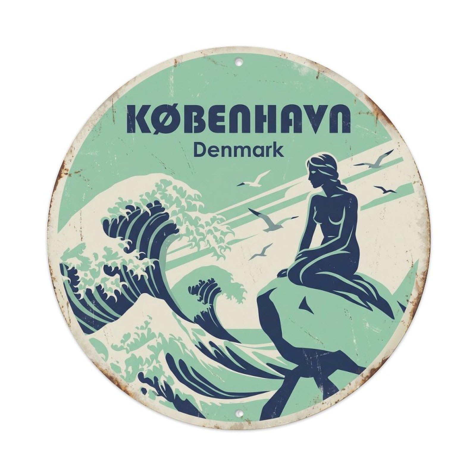 Cmhok Vintage Style-20 Vintage Travel Copenhagen Mermaid Artwork Metal Tin Sign Plaque Wall Decor For Cafe, Club, Garden Round Metal Poster 8X8inch