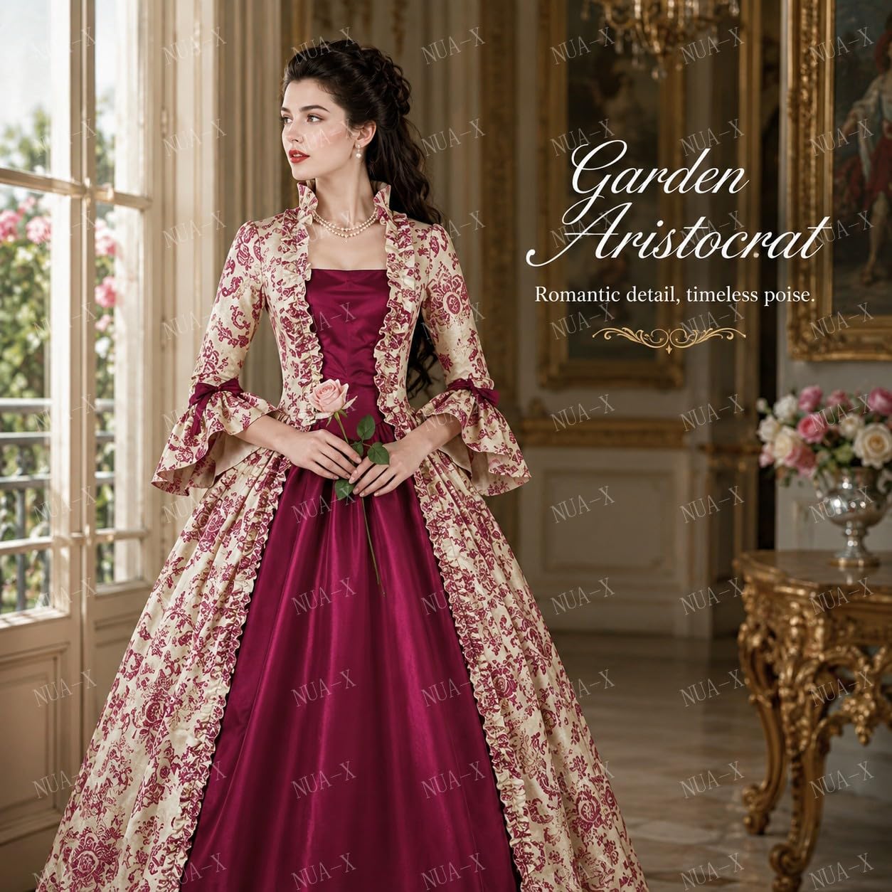 Damen Mittelalter Kleid Vintage Hofkleid Langarm Mit Schnürung Print