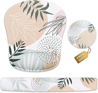 Haocoo Keyboard Wrist Rest, Ergonomic Mouse Pad Wrist Support, Gel Wrist Rest for Computer Keyboard and Mouse Pad Set, Anti-Slip Base, Mousepad with Coaster for Office Home, Boho Tropical Leaves
