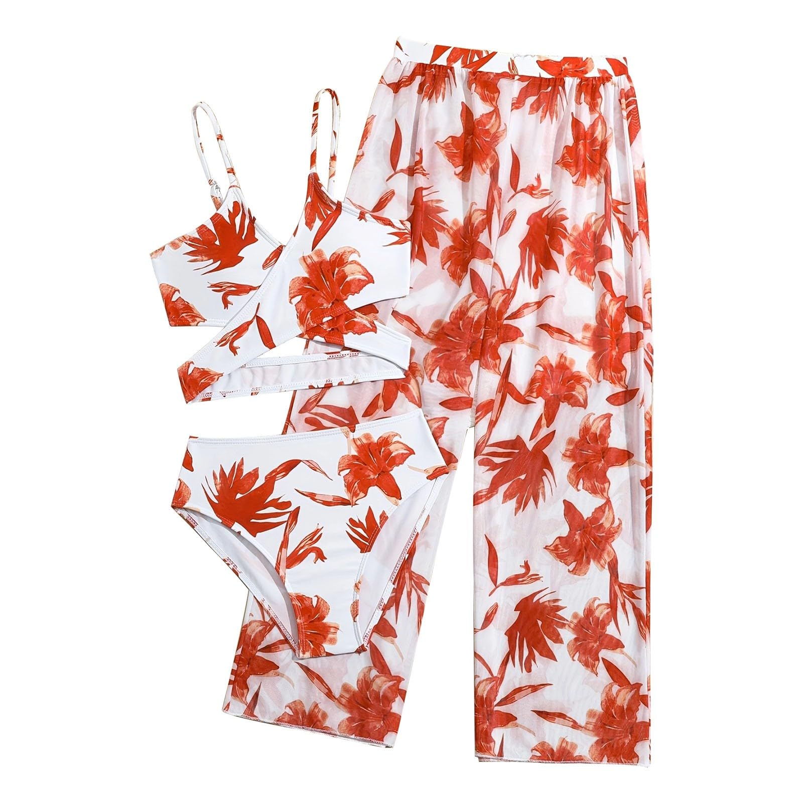 Teen Bikini Girl 3 Pieces Bathing Suit with Rash Guard Pants Cute Tropical Flowers Pattern Swimwear (Orange, 7-8 Years)