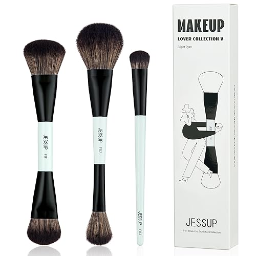 Jessup Face Makeup Brushes Blue 3pcs Double Ended Makeup Brush for Foundation Contour Blush Highlight and Concealer Brush, Premium Synthetic Brush Set T503 - T503-3pcs