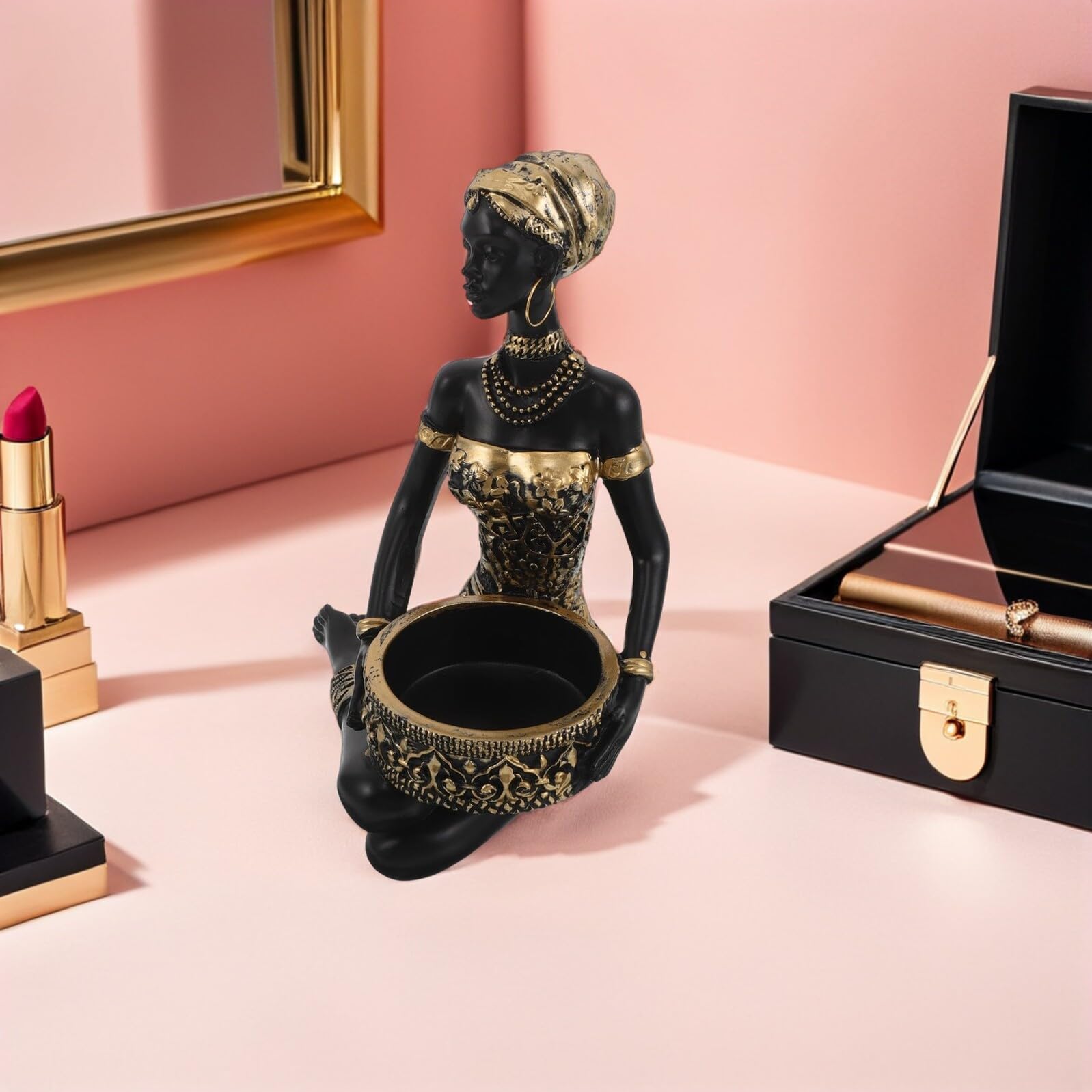 TOYANDONA Bandeja para Joyas y Organizador de Tocador de Resina Figura de Mujer Africana, Soporte Decorativo para Accesorios y Pendientes, Bandeja Pequeña para Almacenamiento en Hogar