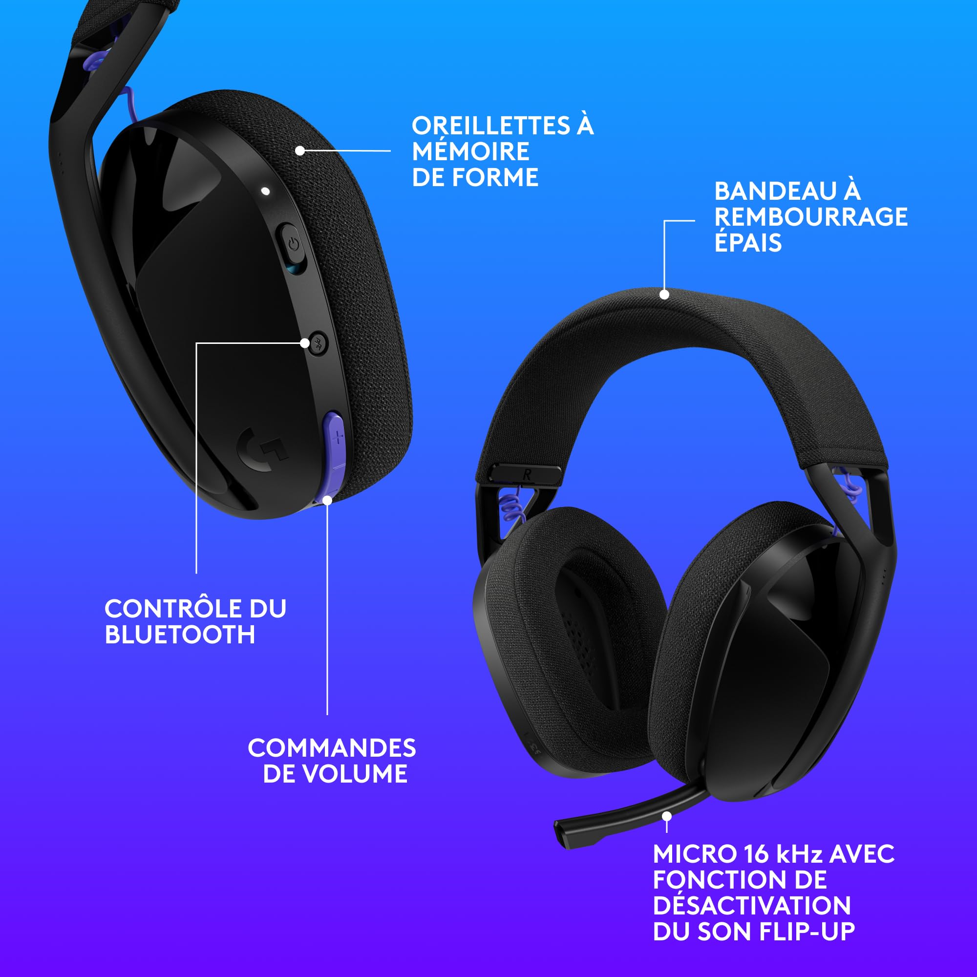 Logitech G G321 Lightspeed, Casque Gaming Bluetooth sans Fil, Confort et Ajustement dynamiques, Micro à Tige 16 kHz, + de 20 h d’autonomie, PC, PS4, PS5, Nintendo Switch, Mobile - Noir