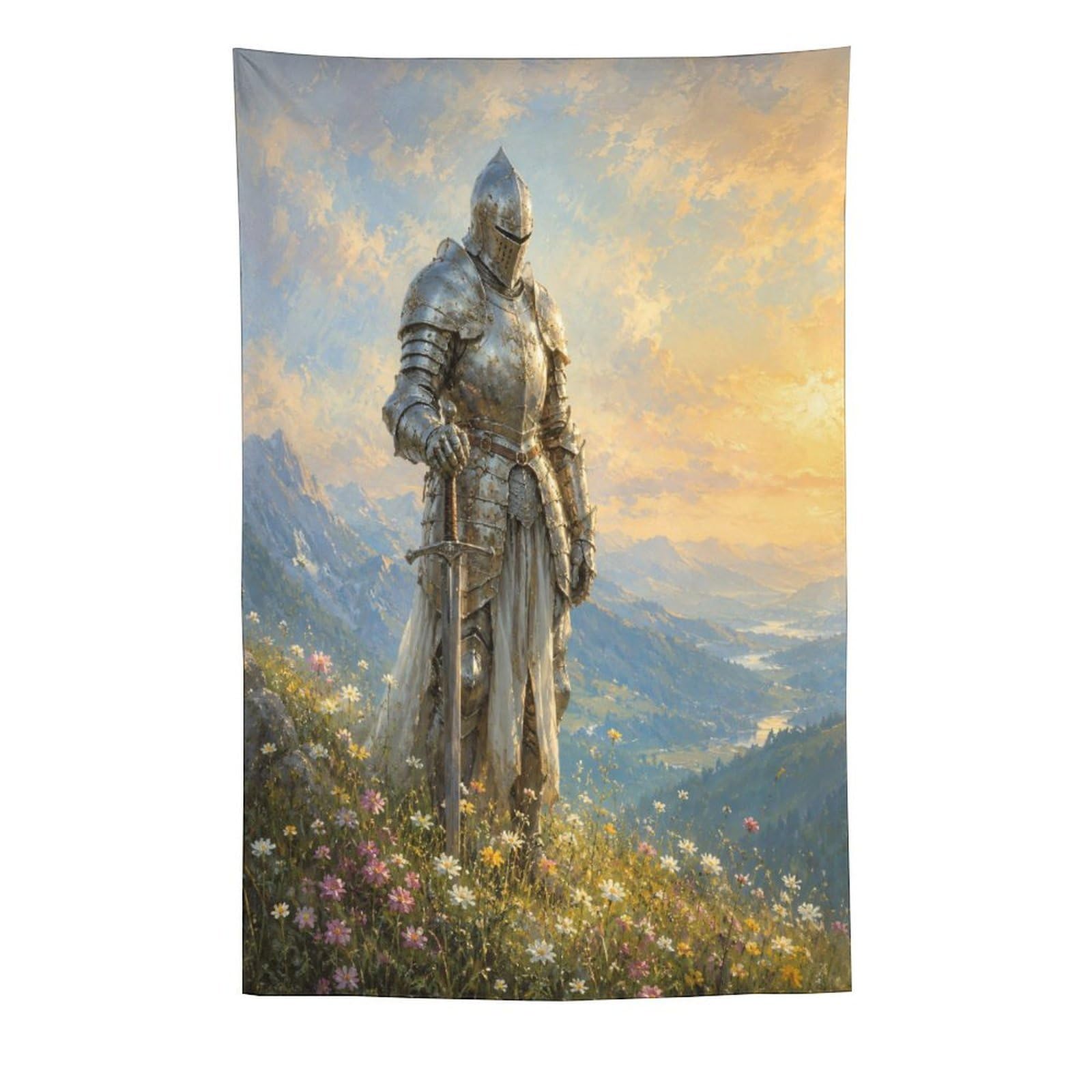 W7C8U2X3 Medieval Knight Mountain Wall Tapestry, Renaissance Art
