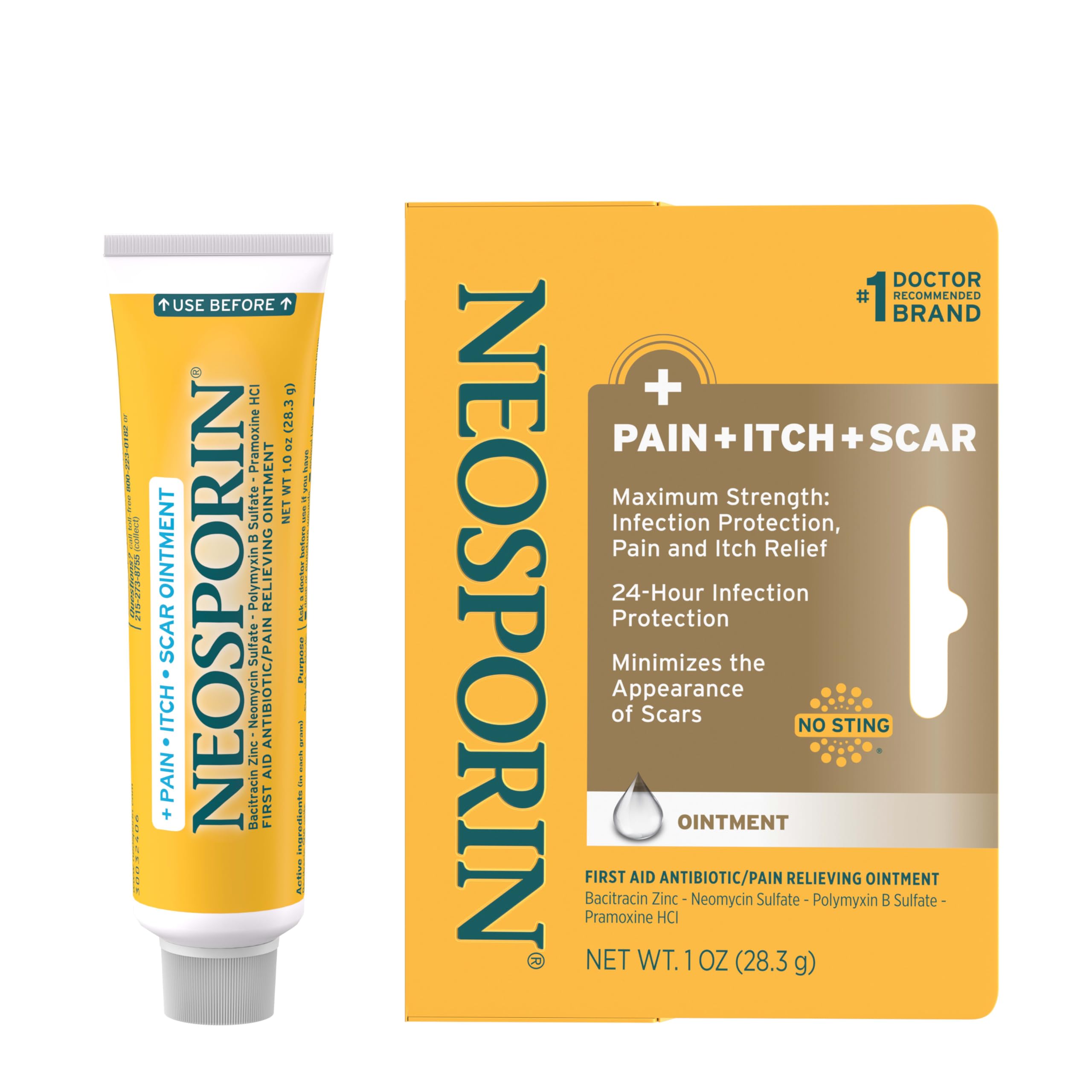 NeosporinFirst Aid Antibiotic Pain-Relieving, Anti-Itch, & Scar Ointment with Neomycin, Bacitracin Zinc, Pramoxine HCl & Polymyxin B, for Minor Cuts, Scrapes & Burns, 1 oz