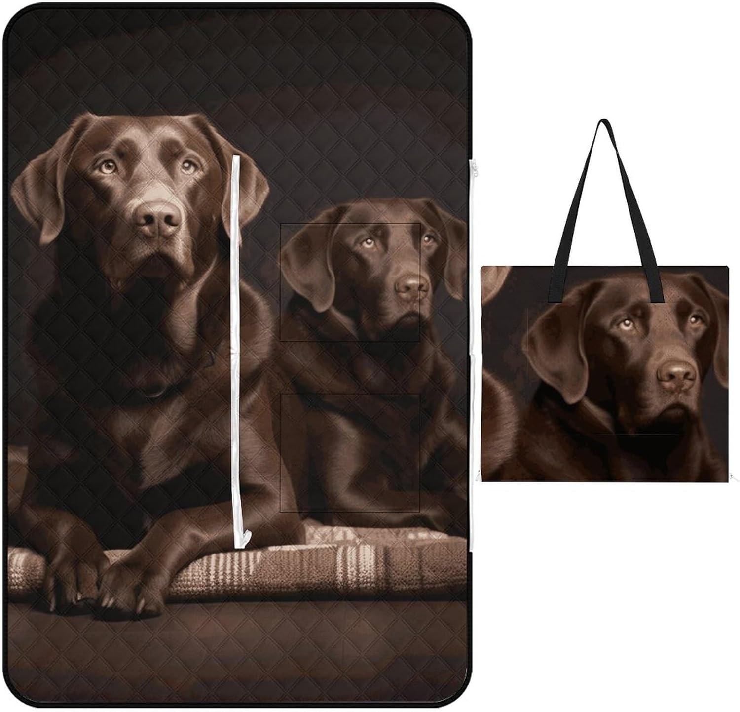 Brown Labrador Retriever Picnic Blanket 150x100cm, Foldable 2-in-1 Picnic Mat and Tote Bag Portable Waterproof Beach Mat Sandproof Outdoor Blanket for Park, Hiking, Beach, Camping, Travel