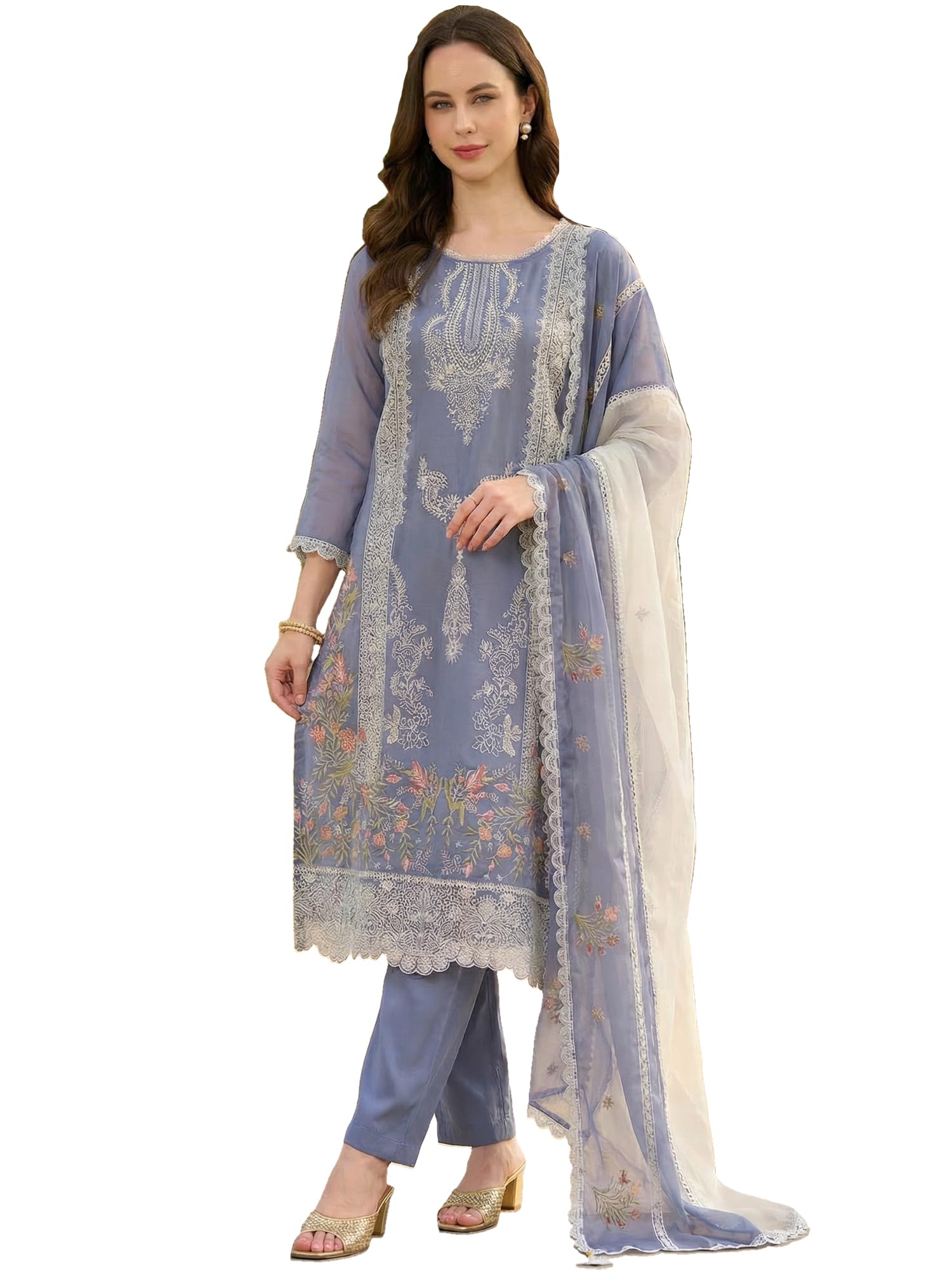Women's Organza Ethnic Motifs Embroidered Straight Calf Length Kurta & Pant with Dupatta Set (IEAI10604)-image-20