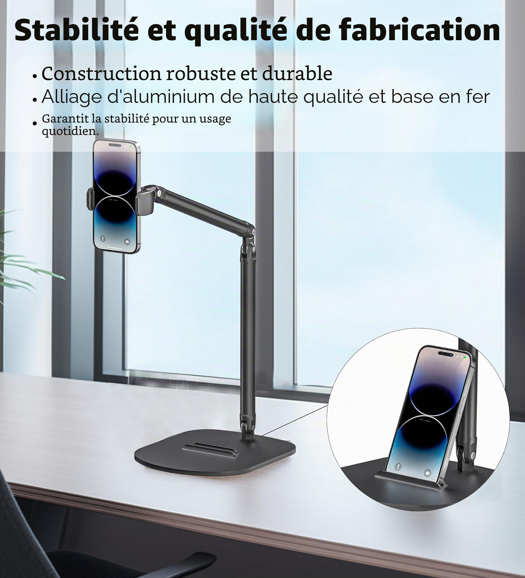 Support réglable pour webcam et téléphone – Double support pour téléphone et tablette, bureau robuste, hauteur et angle flexibles, construction en aluminium durable