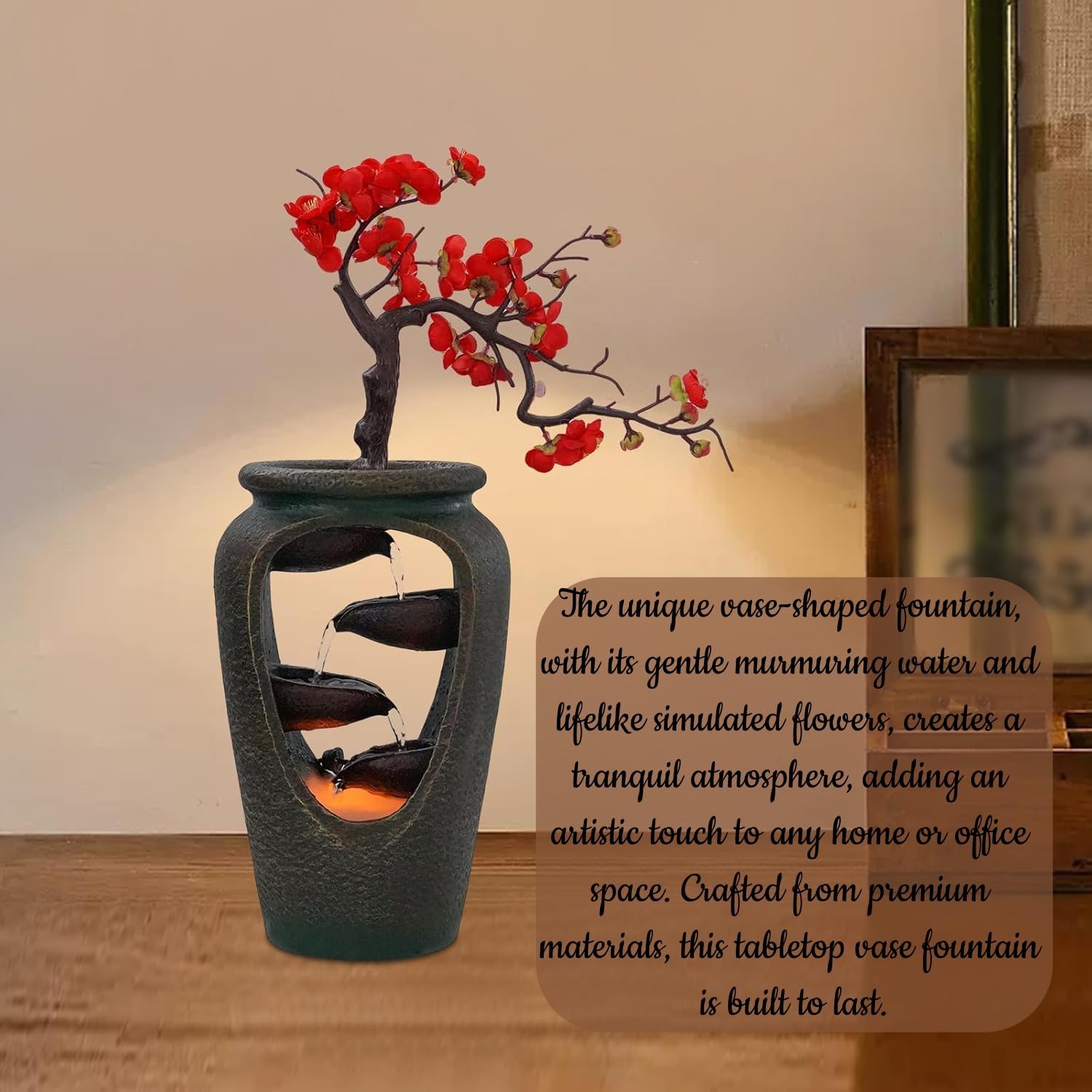 Decorative Indoor Tabletop Fountain, 15.7in Tabletop Wateall Vase Fountains with Simulation Tree Flowers for Living Room, Bedroom, Dining Room (Plum Blossom -B)