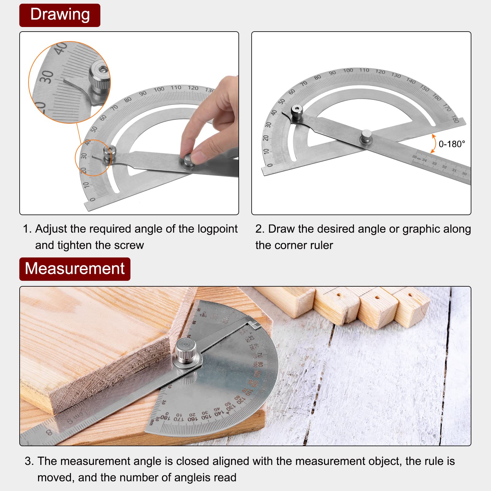 sourcing map Angle Rapporteur 180 Degré Inox Acier Chercheur Jauge Réglable Règle Mesure Outil avec 350mm Bras pour Travail Bois
