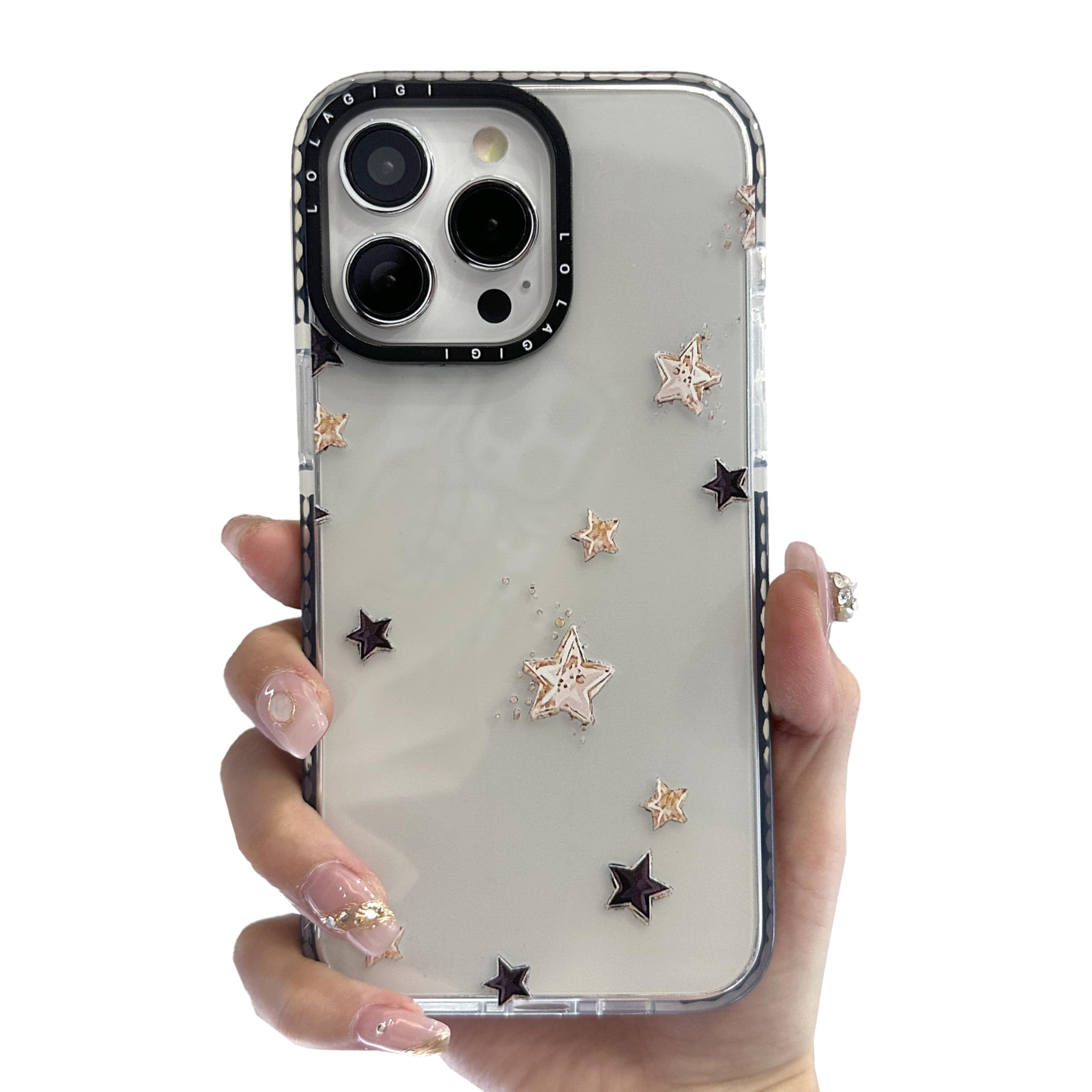 LOLAGIGI Case for iPhone 15 Pro, Cute Clear Black Stars Print Kawaii Girly Aesthetic Design Cartoon Pattern for Women Girls Teens Soft TPU Phone Case,