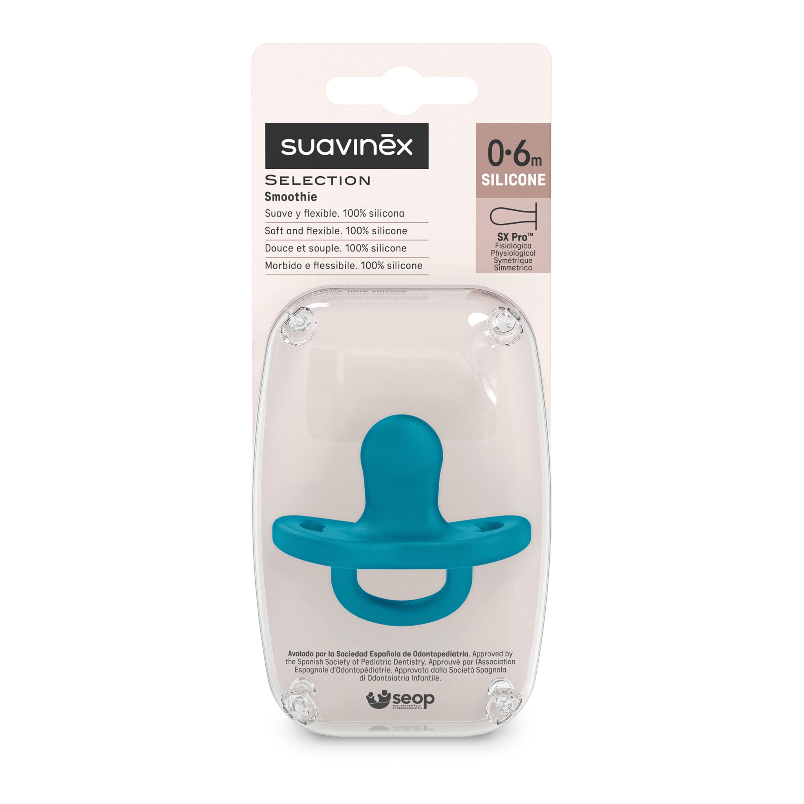 Suavinex, Uniwersalny silikonowy smoczek, dla dzieci w wieku 0/6 miesięcy, symetryczny ssak, super miękki i elastyczny, idealny do spania, Color Essence, Deep Ocean