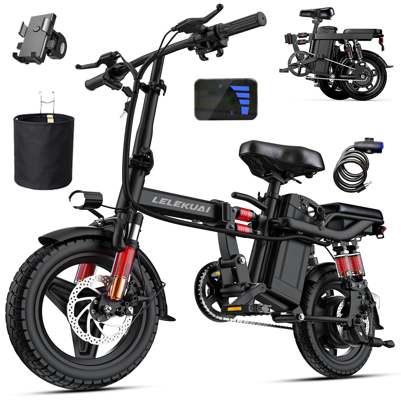 LELEKUAI Electric Bike for Adults and Teens, 520W-1200W Motor, 20-28MPH, 32 Miles Range, 48V 10Ah Battery, 3-Level Pedal Assist, 14" Foldable Mini Electric Bicycle, UL 2849 Certified