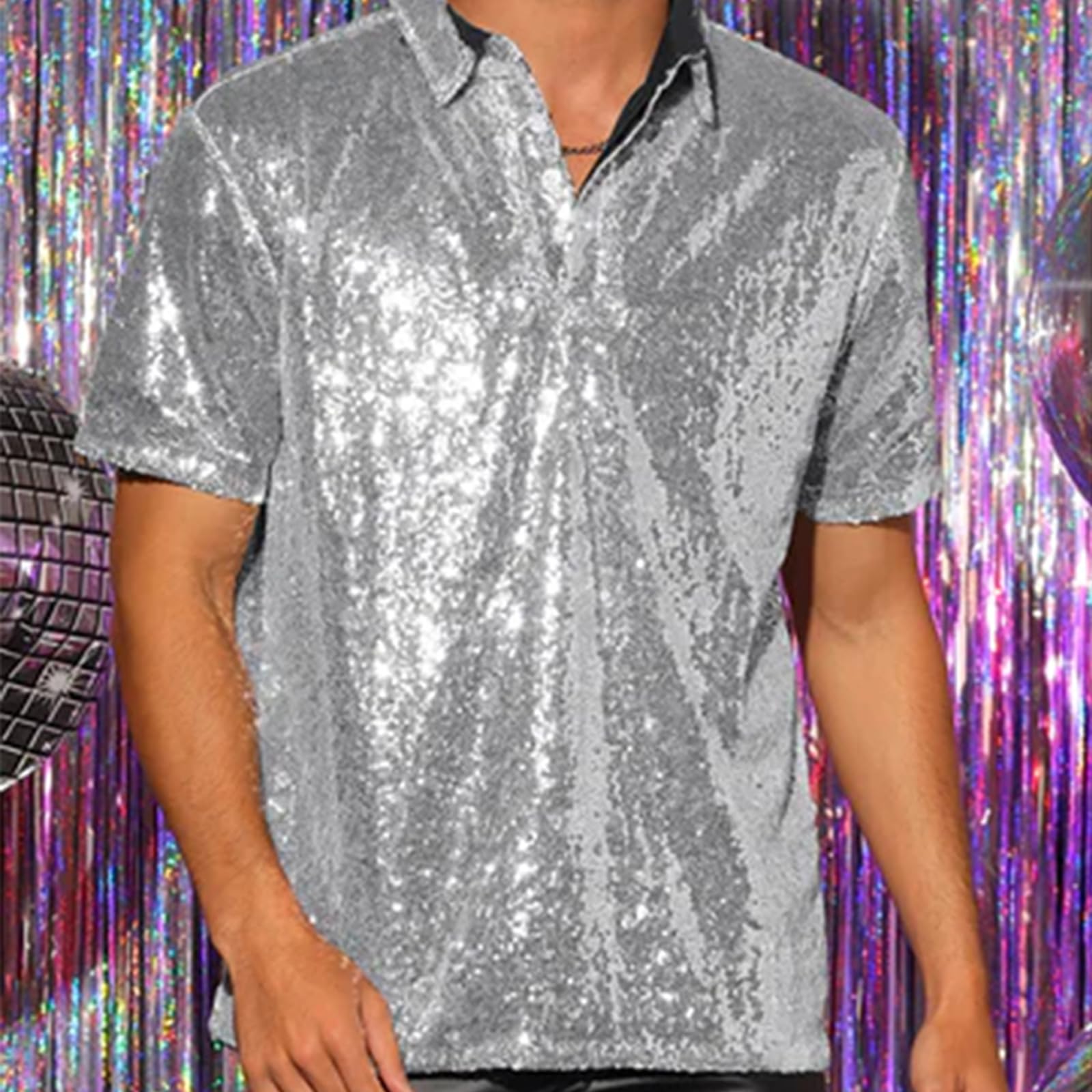 Felcia Herren-Glitzer-Oberteil, lässig, Vintage-Stil, kurzärmelig, Turndown, glitzernde Pailletten, Hemd, 70er-Jahre, Disco, Nachtclub, Party, Outfits für Herren