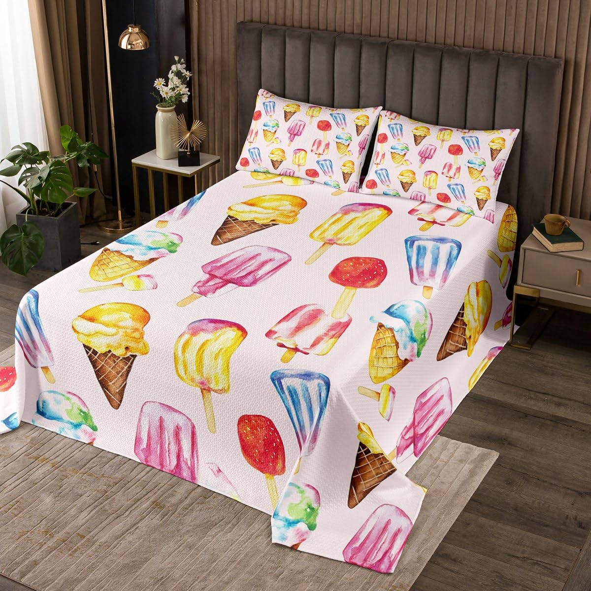 Erosebridal Ice Cream Coverlet Set,Oil Painting Popsicles Quilt Set Twin Size for Kids Boys Girls,Summer Themed Bed Cover,Yummy Food Bedspread Set