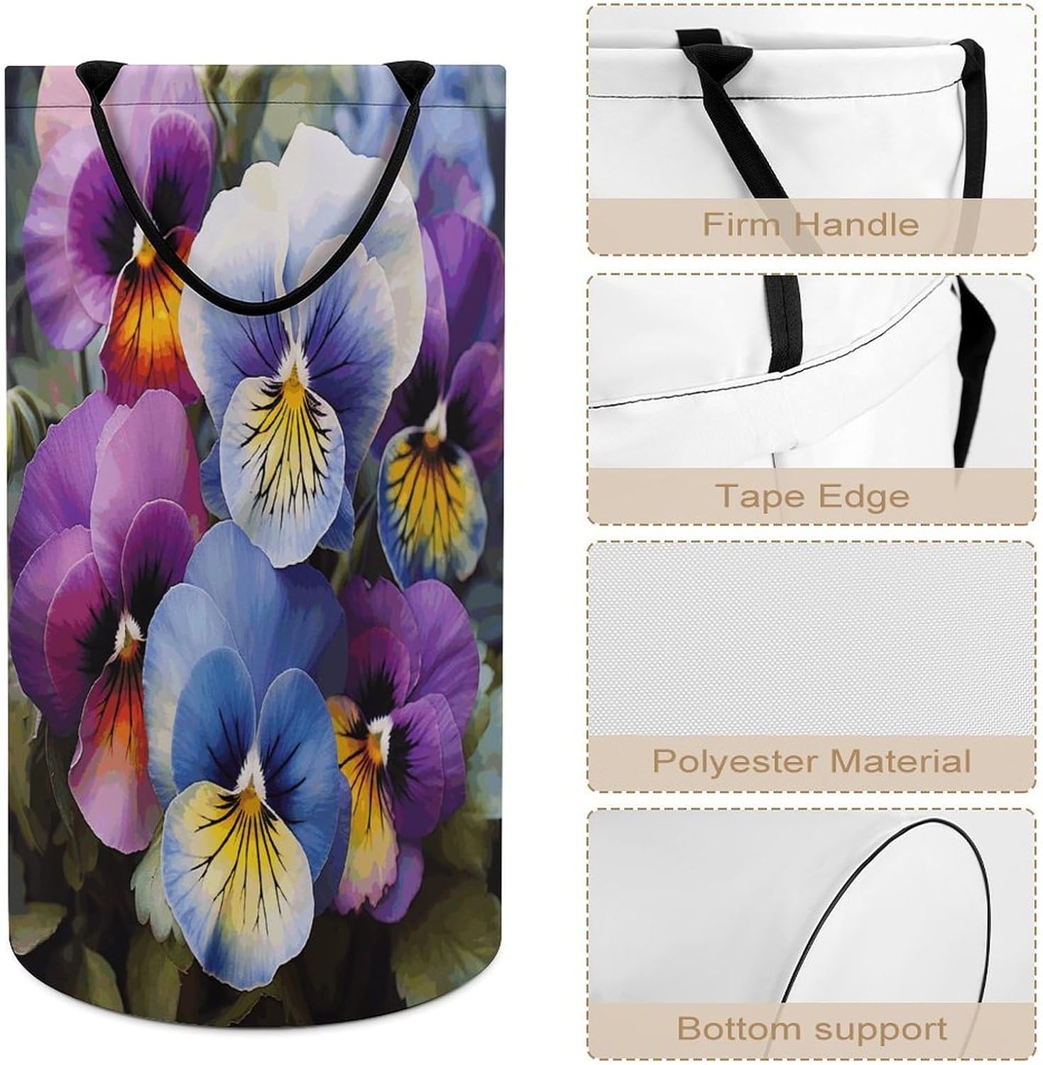 Large Laundry Basket Collapsible Dirty Clothes Basket with Carry Handles Portable Waterproof Freestanding Pansy Perfection Laundry Hamper for Bathroom Bedroom Laundryroom Dorms 86L