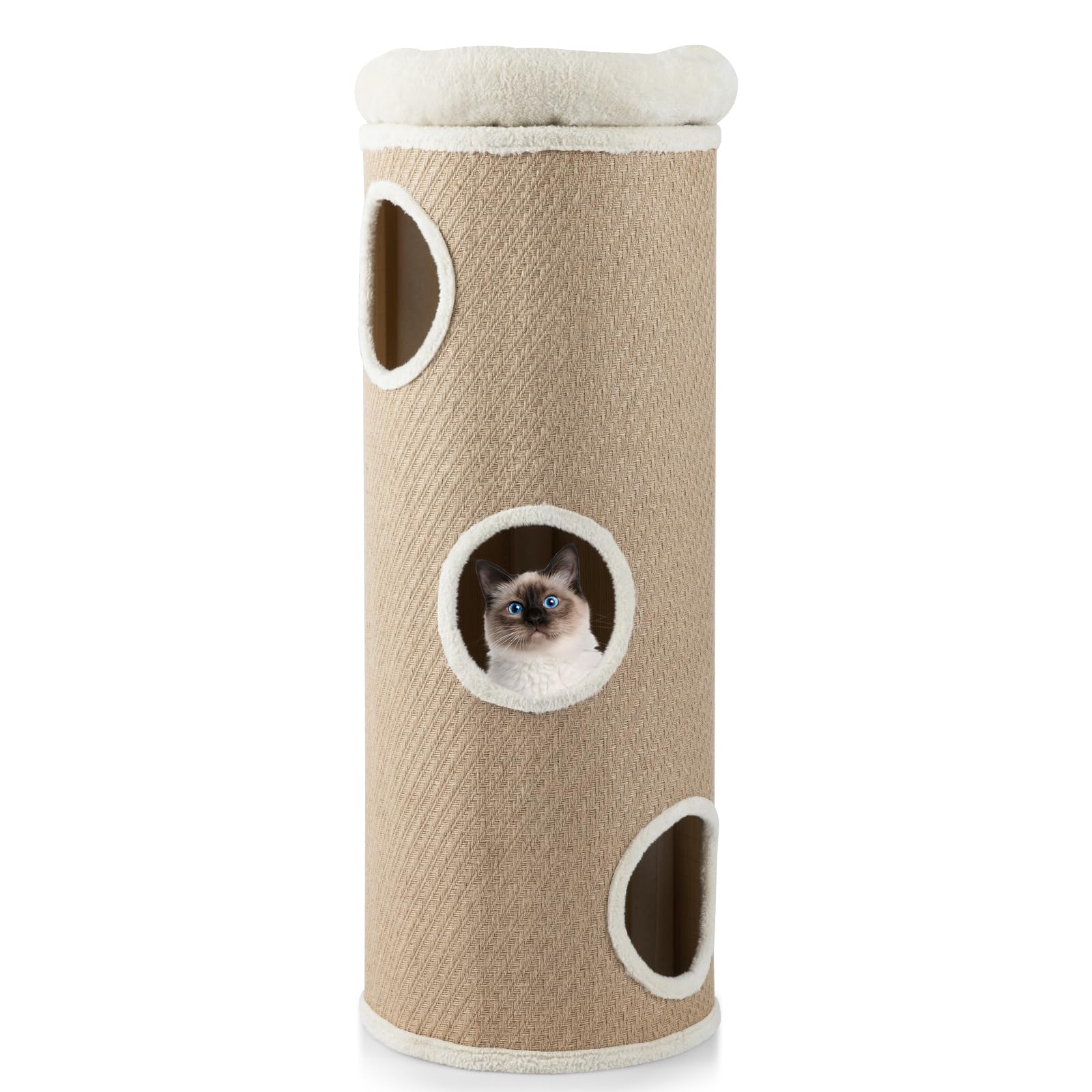 GYMAX Cueva para Gatos de 3 Pisos, Barril Rascador para Gatos con Mirador Acolchado Superior, Pared de Bambú y Tejido Transpirable, 2 Tablas de Rascado de Sisal y 3 Entradas (Beige)