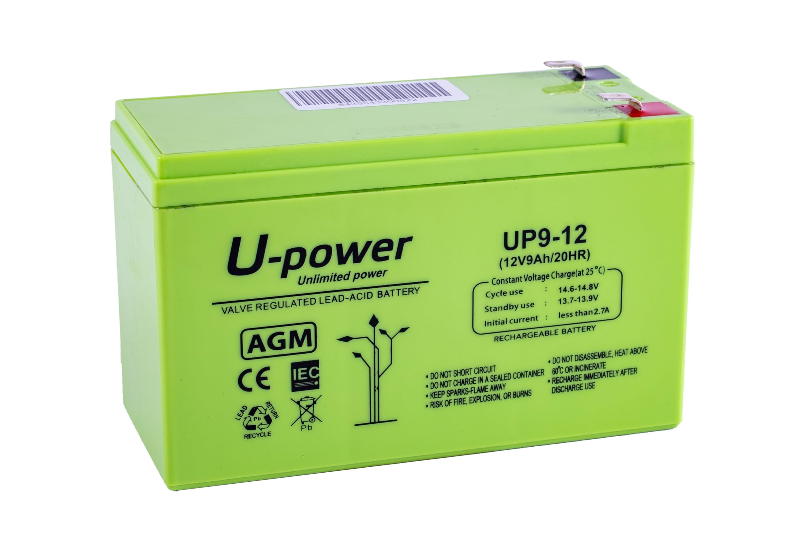 U-Power Batería AGM 12V 9Ah – Sellada Recargable Plomo-Ácido VRLA – para Alarmas, SAI/UPS, Seguridad, Juguetes Eléctricos y Más – Terminal Faston F2 (6.3 mm)