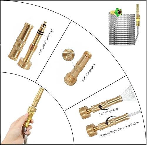 Miniatura 5 de Manguera de jardín expandible de 34 de 50 pies, manguera de agua de metal plateado con boquilla de manguera de bala de cobre, manguera de acero